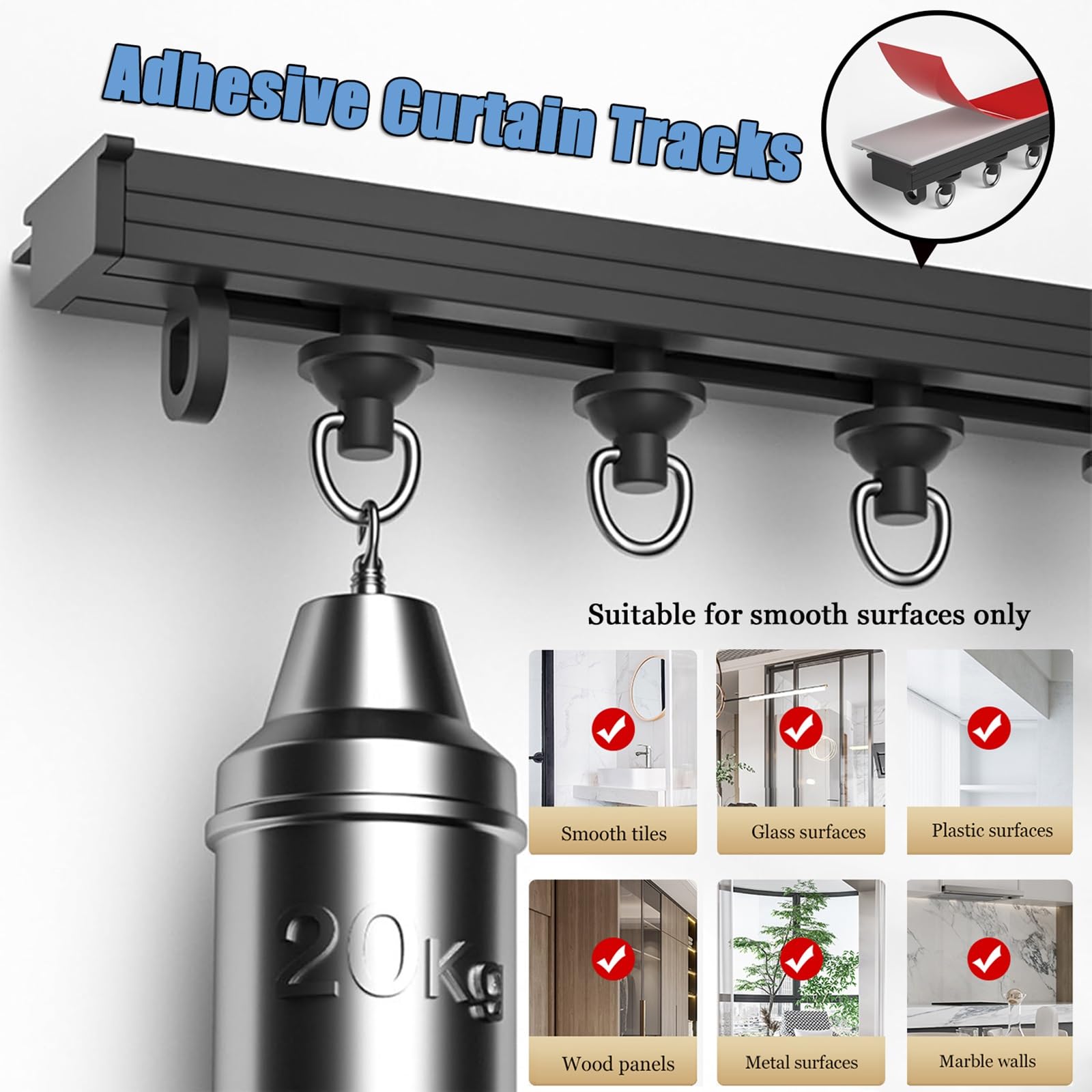 Support de tringle à rideau adhésif sans perçage en alliage d'aluminium pour plafond ou mur pour la maison et le bureau, facile à installer, 1,40 m, blanc, parfait pour la location