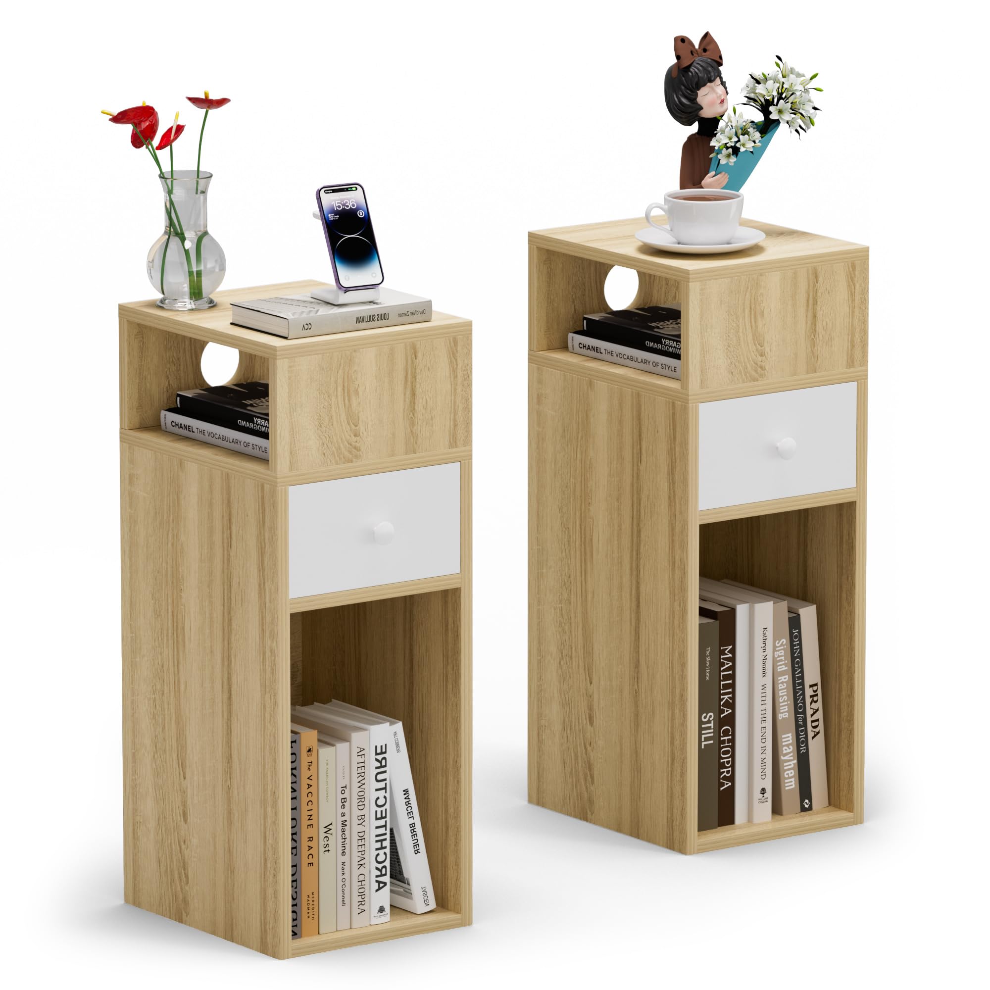 VOUNOTยฎ Slim Bedside Table Set of 2, Narrow Wood Bedside Cabinet with Drawer and Open Shelf, Small Bedside Unit, Thin Nightstand for Bedroom, Living Room, Natural