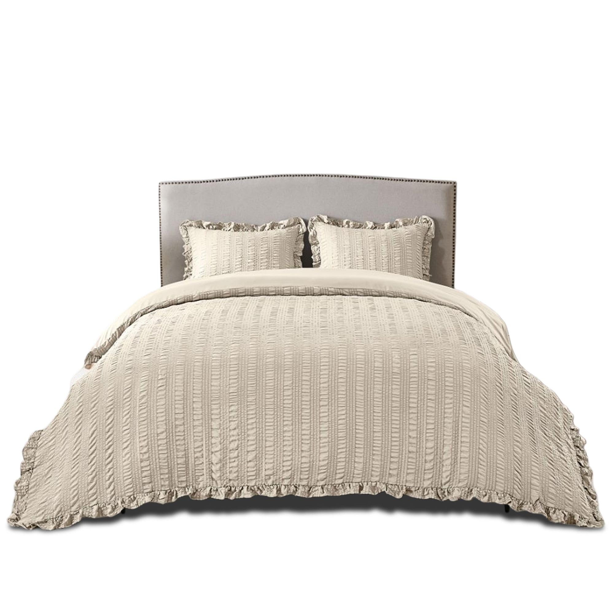 VELVETIO Premium Seersucker Duvet Cover Set & Pillowcases, Supersoft Ruffle Edge Bedding Quilt Double Size, Breathable Microfiber Comforter Bedset, Bone