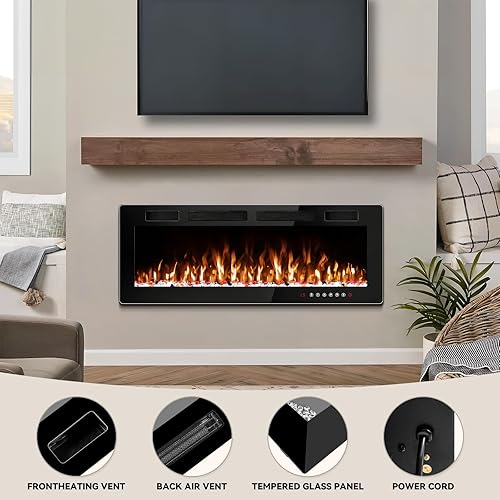 Miniatura 2 de Chimenea eléctrica de 50 pulgadas, ultrafina, independiente, 7501500 W, calentador eléctrico montado en la pared o empotrado, chimenea eléctrica con