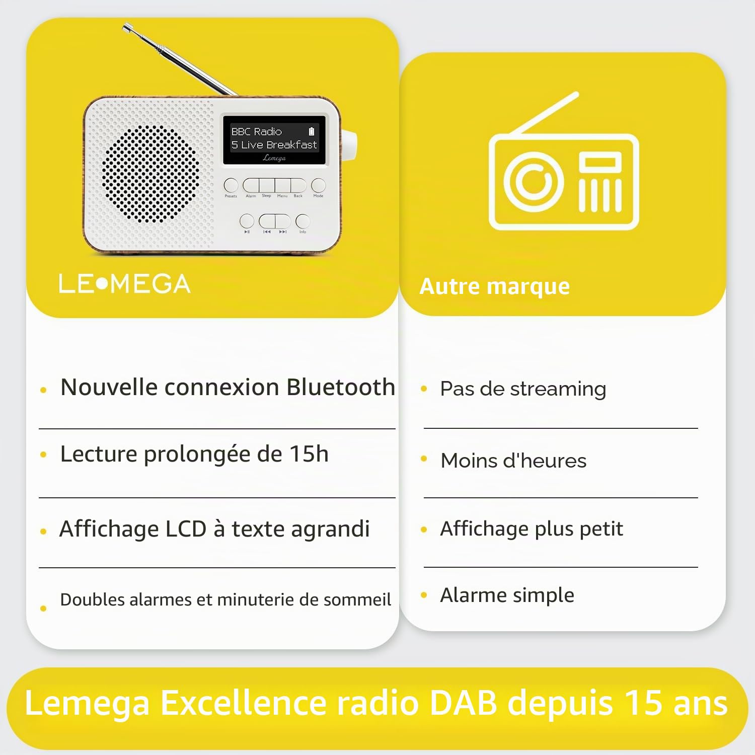 PR2-Max Radio numérique Dab Portable (Dab+,FM, Bluetooth 5.3,Batterie Rechargeable,Double Réveil,Snooze,40 Présélections,Minuterie de Mise en Veille,Petit) Idéale pour Cuisine ou Déplacement, Walnut