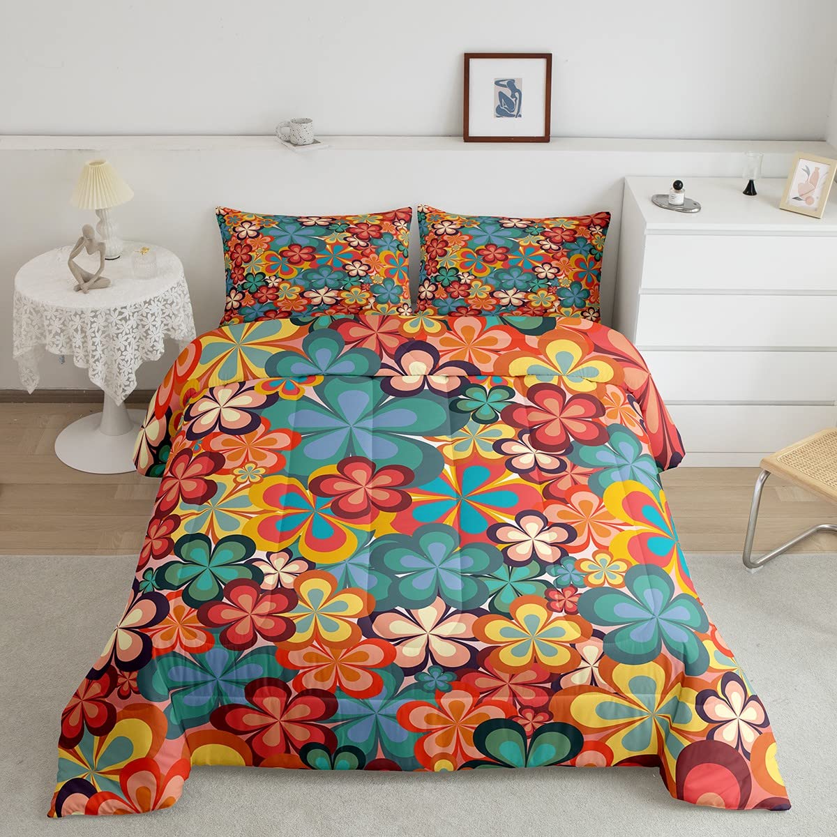 Erosebridal Groovy Flower Comforter Set Queen 70s Party Bedding Set Rainbow Floral Bedding Comforters & Sets Boho Hippie Duvet Insert Vintage Retro Party Quilt Comforter for Girl Woman Microfiber 3pcs