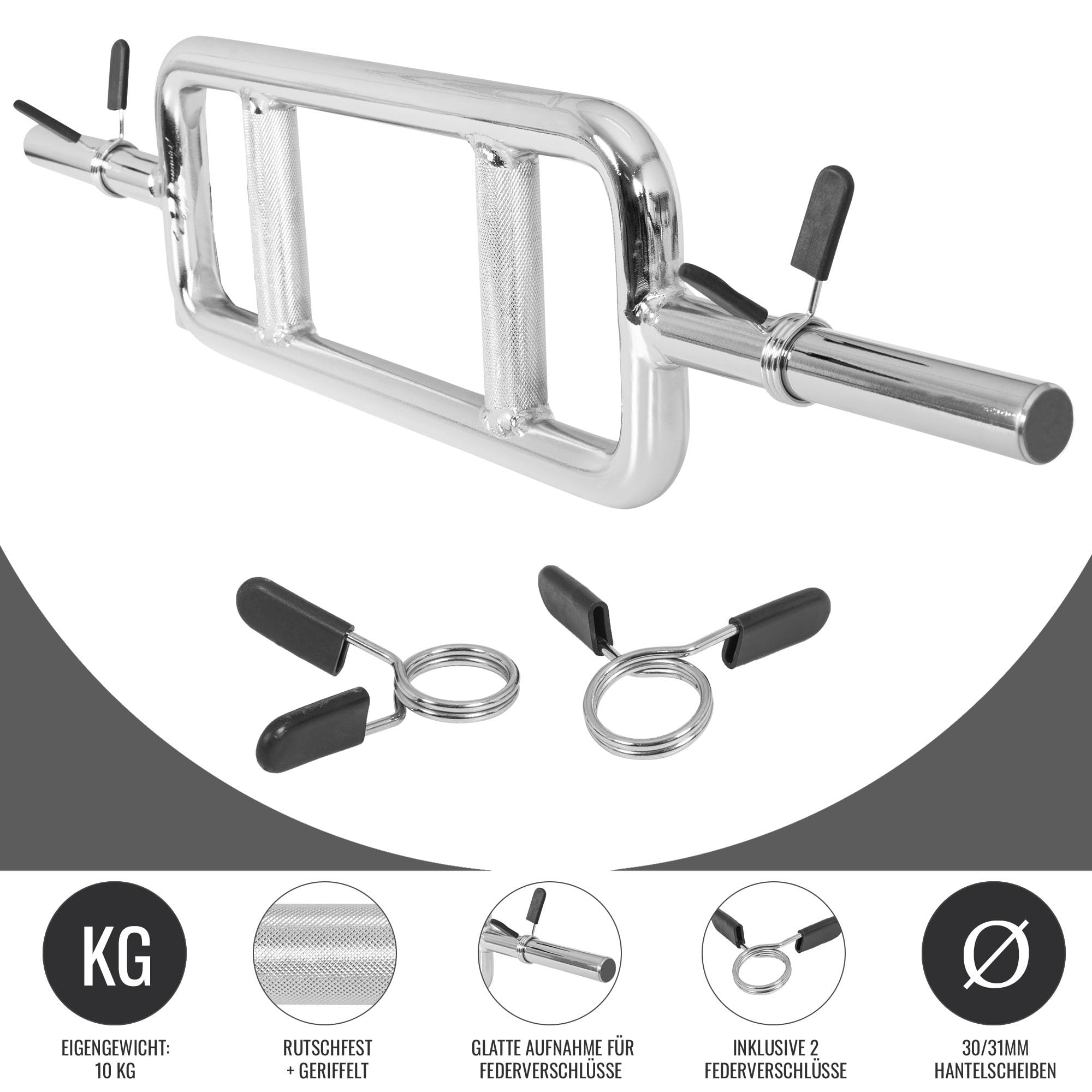 GORILLA SPORTS® Bilanciere per Tricipiti - 30 mm, Lunghezza 86 cm, Carico Massimo 200 kg, con 2 Collari a Stella/Molla, Acciaio Cromato e Zigrinato - Barra, Asta da Pesi, Sollevamento, Palestra
