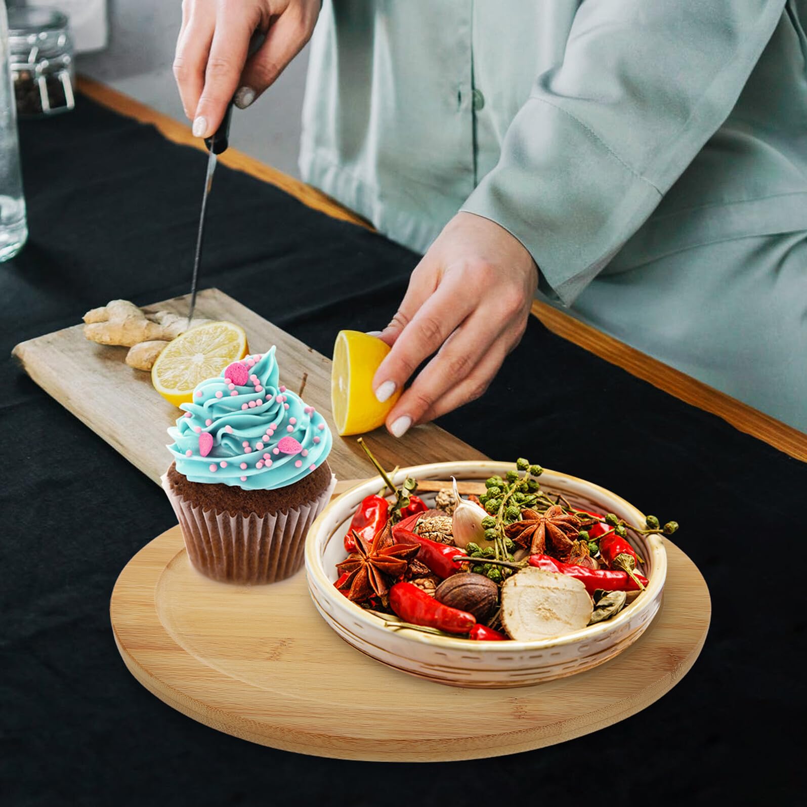Gadpiparty Porta Spezie Rotante in Bambù, Vassoio Girevole per Cucina Salvaspazio, Supporto Utensili Multifunzione per Condimenti e Alimenti, Adatto per Uso Domestico e Spazi Stretti