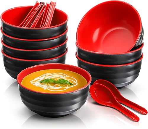 Miniatura 4 de Paquete de 8 cuencos de sopa de fideos de melamina, 32 onzas de tazones de ramen japonés grandes con cuchara, cuencos de cereales de sopa de miso
