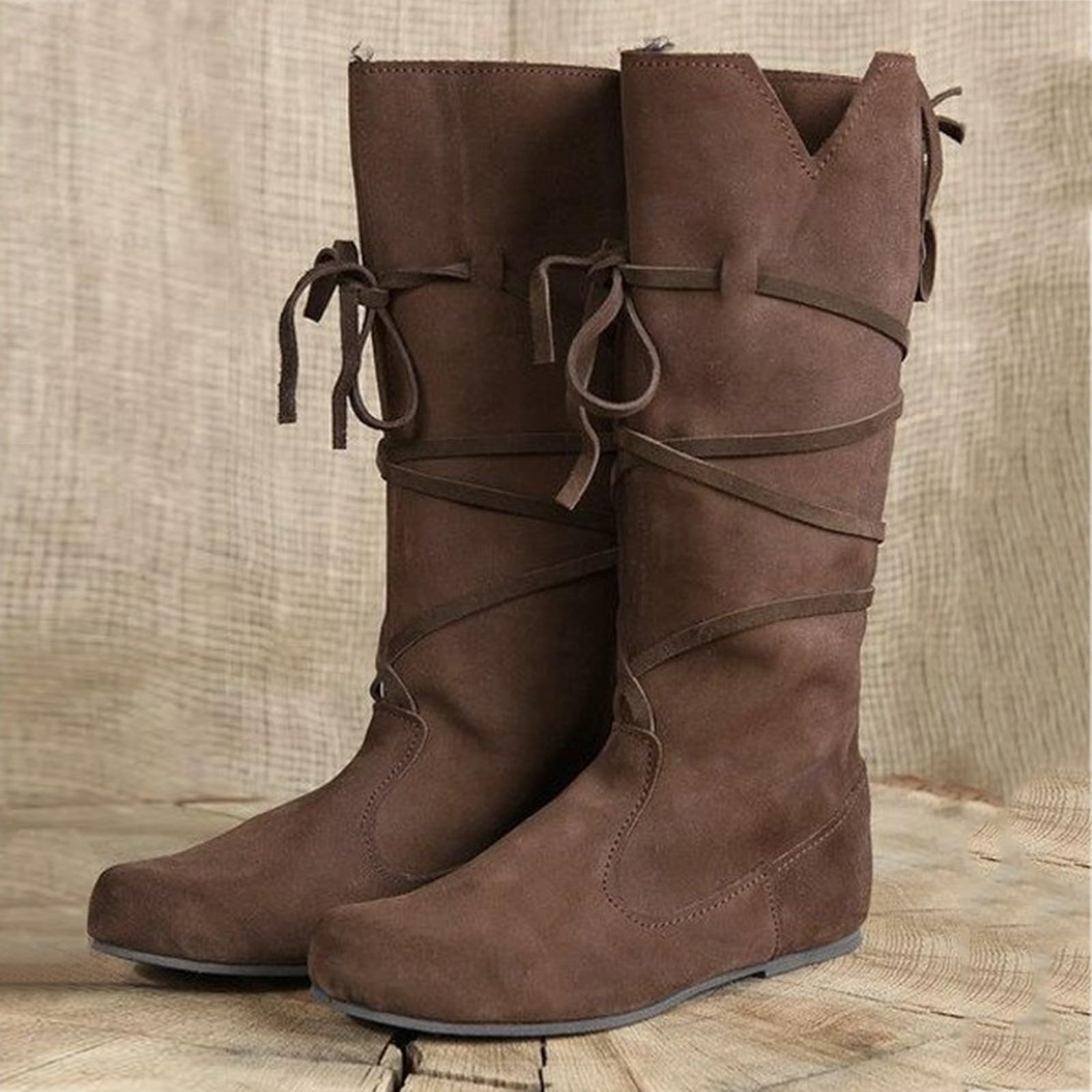 Stivali da cowboy in pelle Donna e Uomo Primavera e Autunno Inverno Tacco Piatto Suola Spessa Giochi di Ruolo Medievale Punta Rotonda Stivali alti Mid Top Stivali Tacco Alto Stivali per Donna
