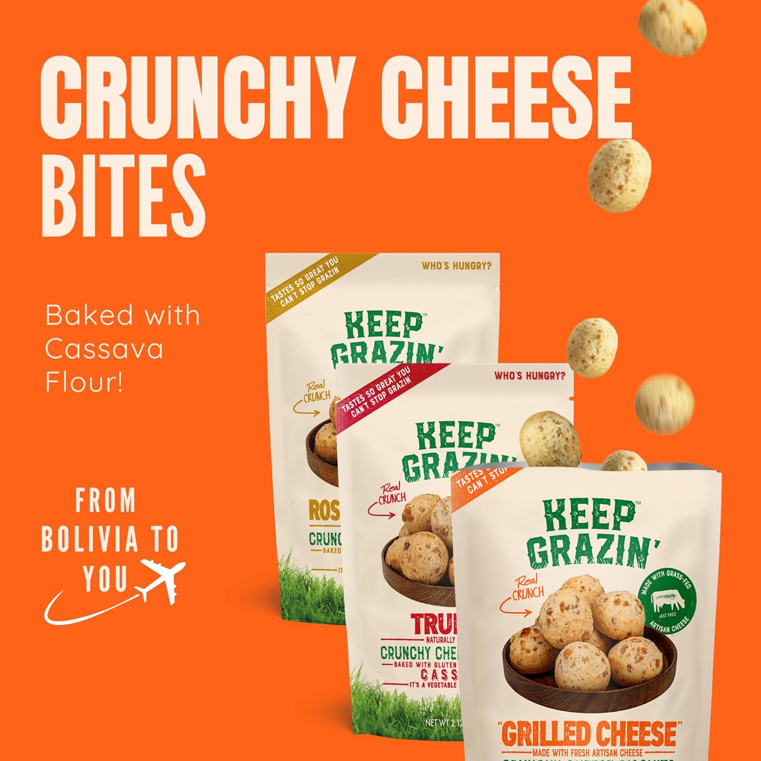 Keep Grazin Grain Free Crunchy Cheese Biscuits - Variety Pack | 2.12 Ounce (Pack of 9) | Gluten & Sugar-Free, Non-GMO Protein Snacks - Baked with 100% Grass-Fed Cheese & Cassava Flour