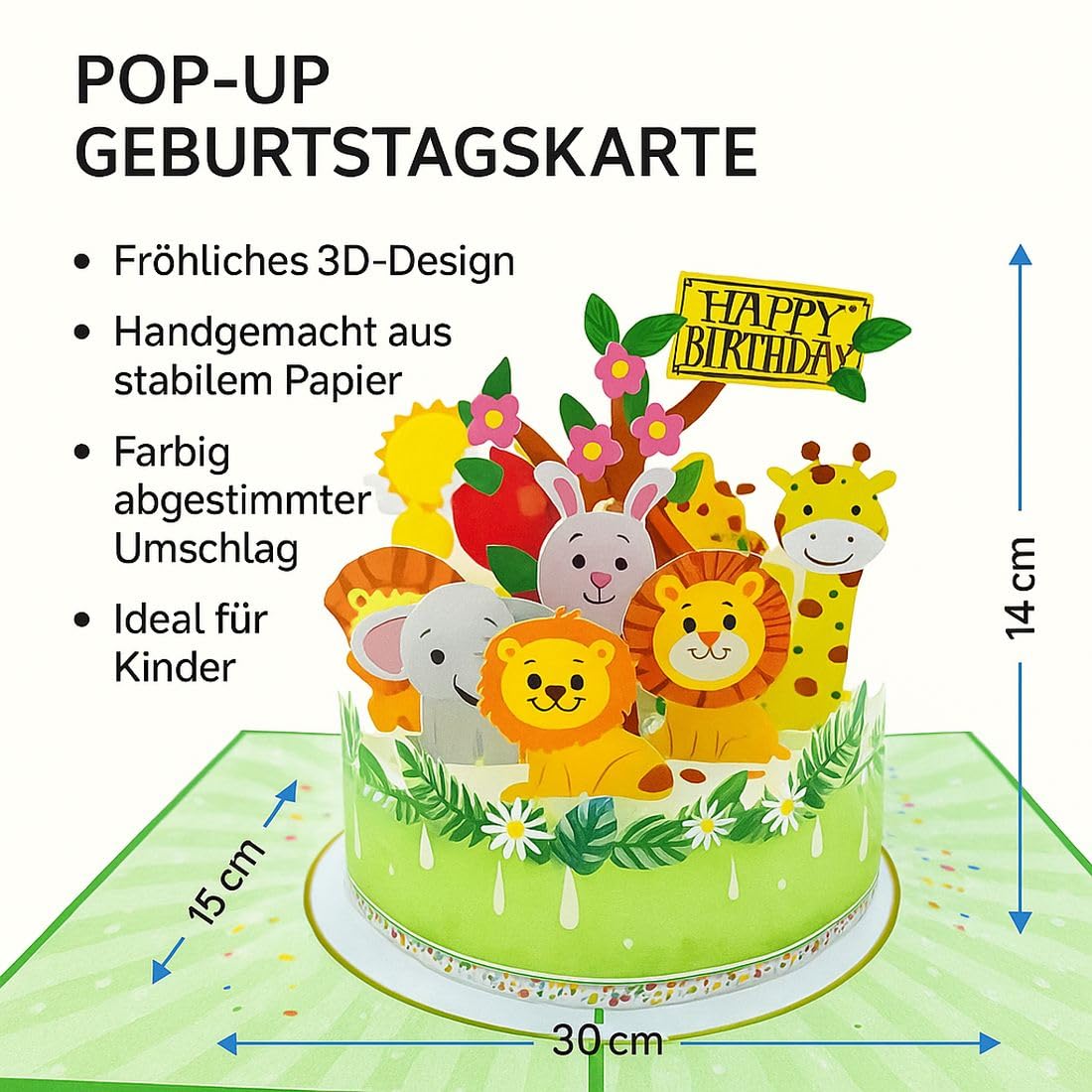 Biglietto di auguri pop-up 3D Animali sulla torta Compleanno bambini 15 x 20 cm Safari Animali con busta