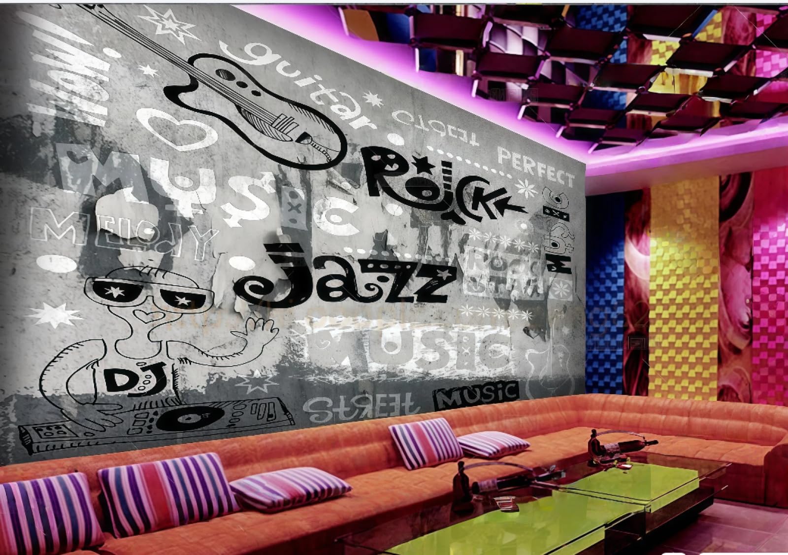 rskjdghshd Wallpaper Nostalgic Cement Wall Hand-Painted Graffiti Letters Rock Music Theme Bar Western Restaurant Background Wall Mural Afternoon Tea Coffee Shop Wallpaper,3D,430x300cm