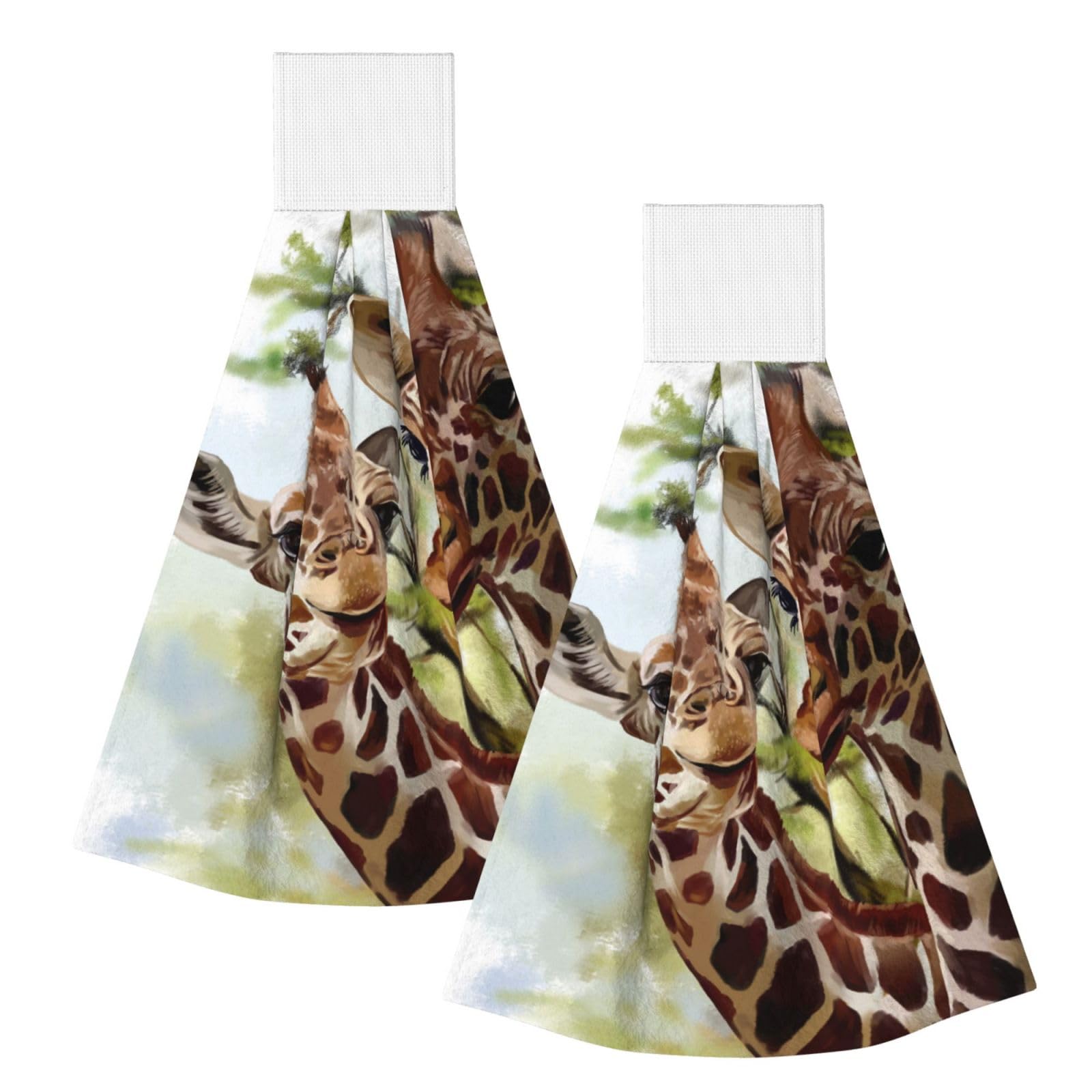 DOPKLNA Watercolor Deer Giraffe, 2 Pcs Hanging Coral Fiber Hand Towels for Bathroom, Absorbent Kitchen Towels
