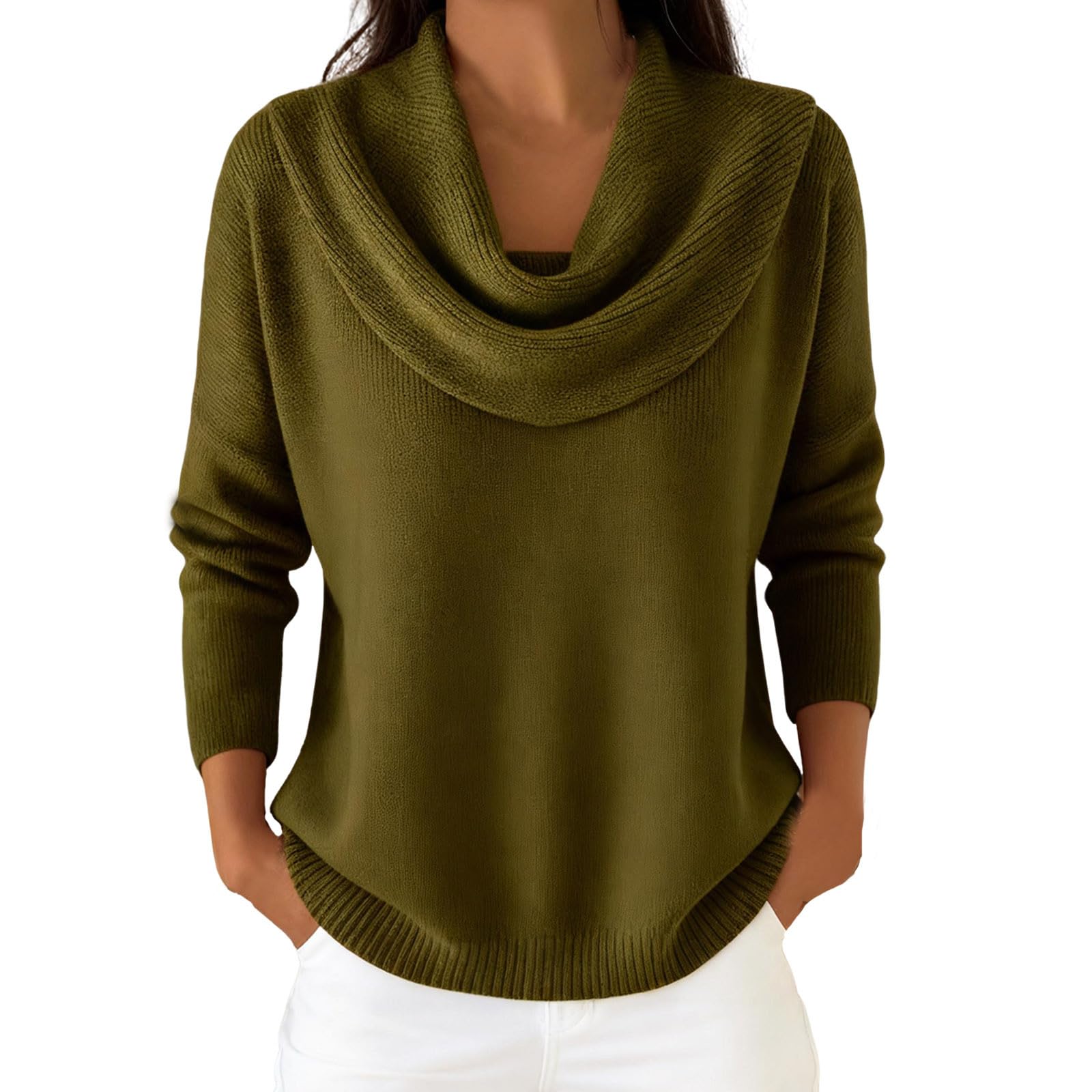 Womens Cowl Neck Sweater Ribbed Knit Lightweight Solid Color Long Sleeve Pullover Jumper Tops