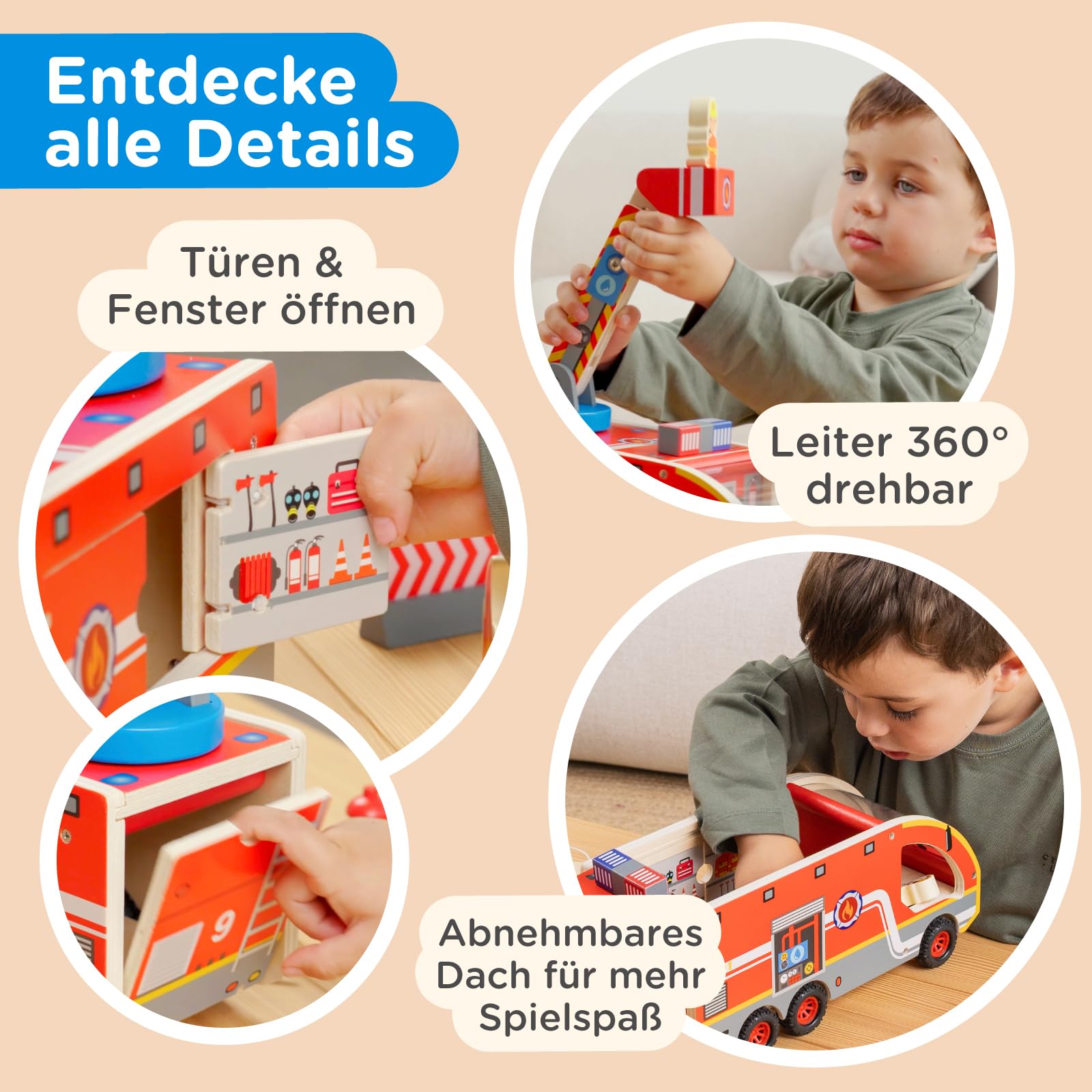 Nene Toys Holz-Feuerwehrauto für Kinder ab 2 Jahren – Feuerwehr Spielset mit 360° drehbarer Leiter & Korb, magnetischen Schläuchen, 3 Feuerwehrmännern & Dalmatiner – FSC-zertifiziertes Holzspielzeug