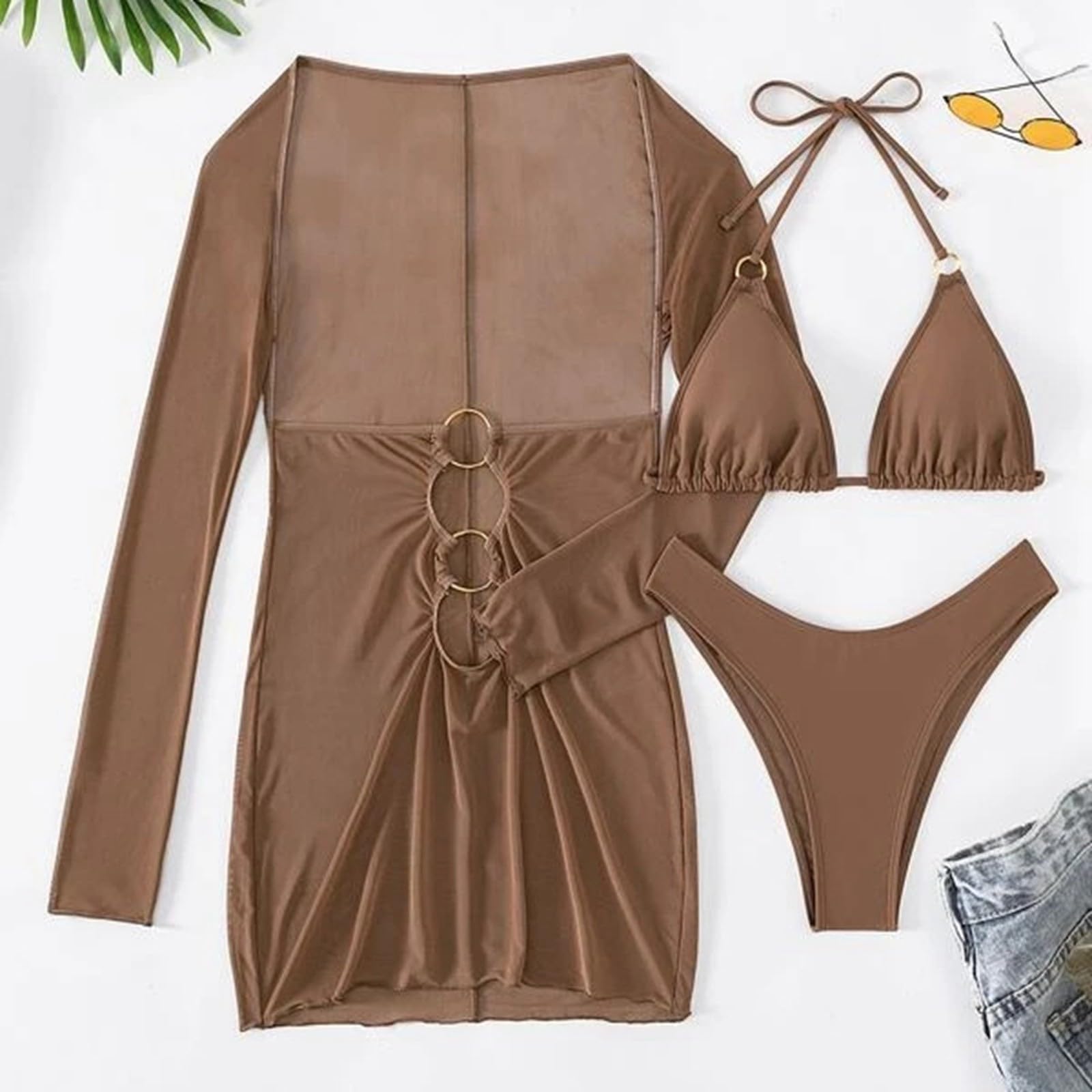 Generisch Costume da bagno da donna a 3 pezzi, sexy, alla moda, tinta unita, con divisa in rete, pantaloncini da spiaggia