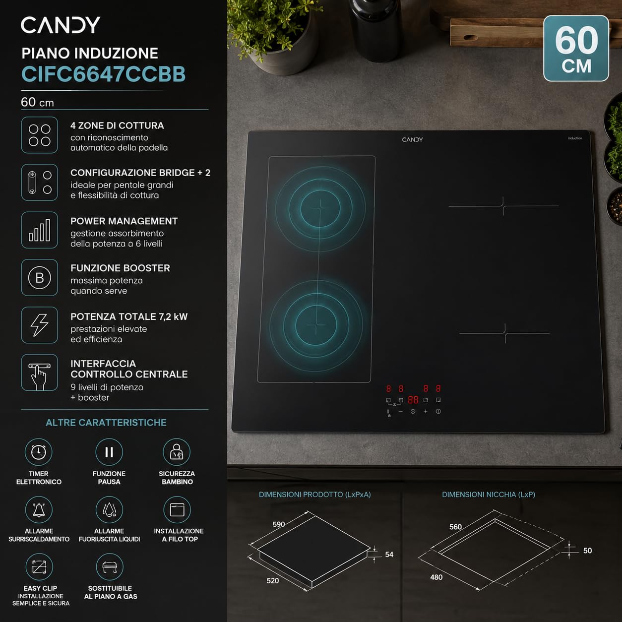 Candy Piano Cottura a Induzione 4 Zone, 60 cm, Nero