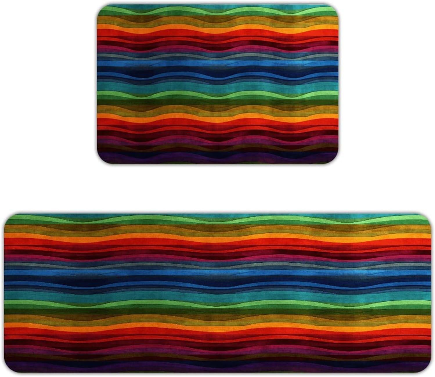 Rainbow Kitchen Mat Washable Non Slip Rugs Soft Kitchen Mats for Floor Set of 2 PCS Cushioned Absorbent Runner Standing Rugs for Home Sink Laundry Office