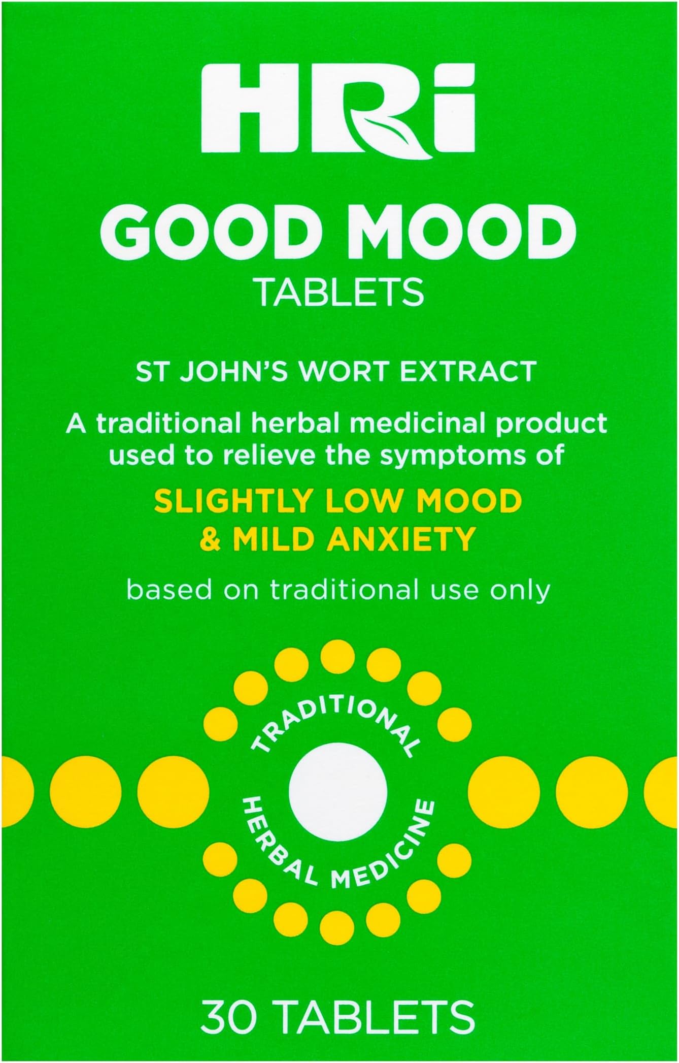 HRI Good Mood. St John's Wort 344 Milligrams Tablets. To Relieve the Symptoms of Slightly Low Mood and Mild Anxiety Relief. 30 Tablets