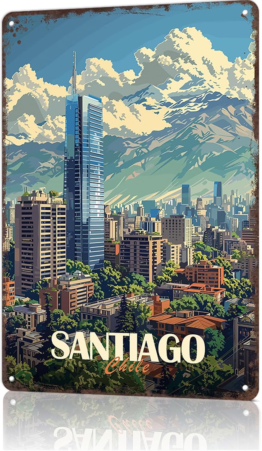 Santiago, Chile Cityscape Vintage City Landscape Metal Tin Sign, Retro Travel Tin Signs Posters For Man Cave Bar Garage Car Room Streets Wall Decor 8 X 12 Inch