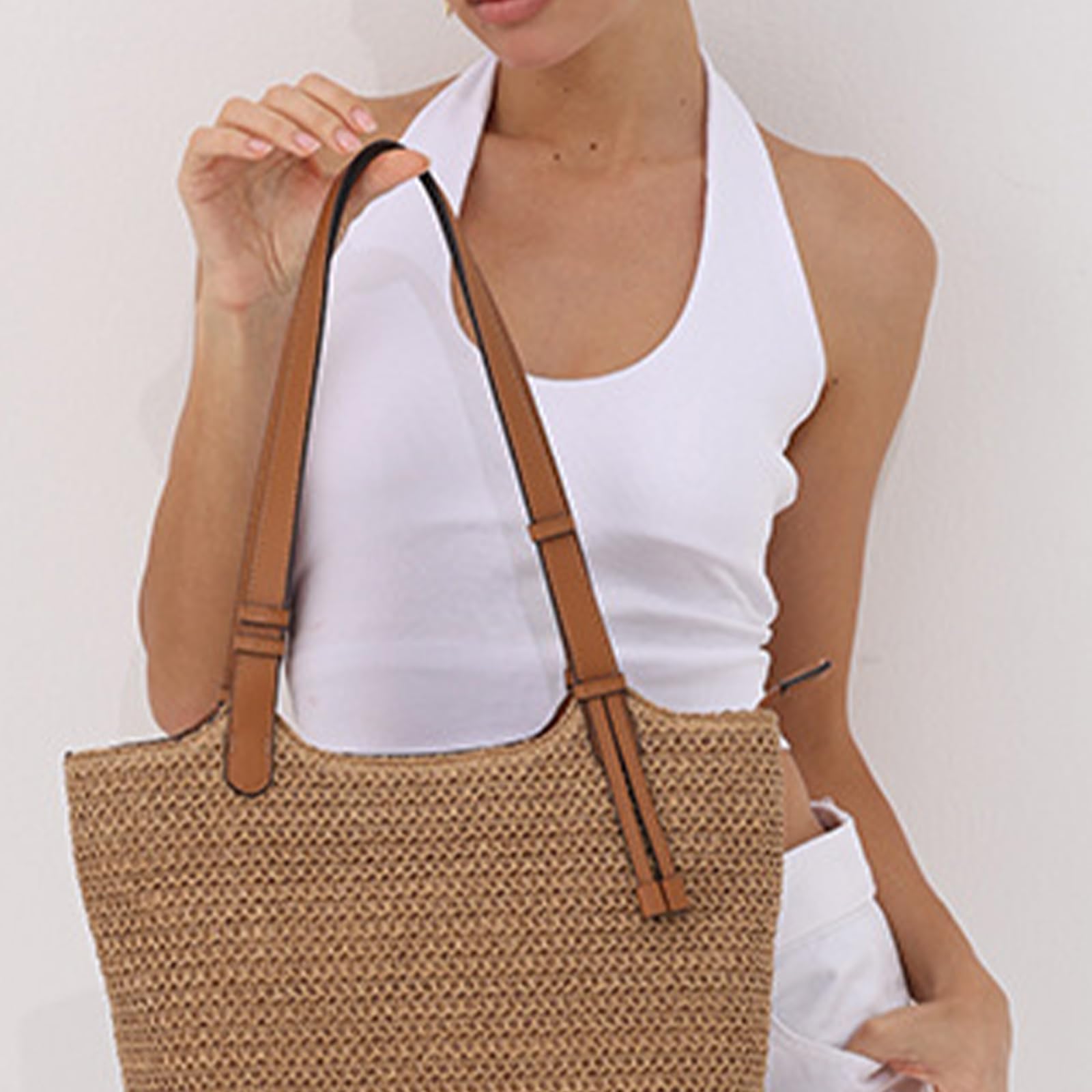 Bolsas de playa de paja para mujer, bolsa tejida a mano