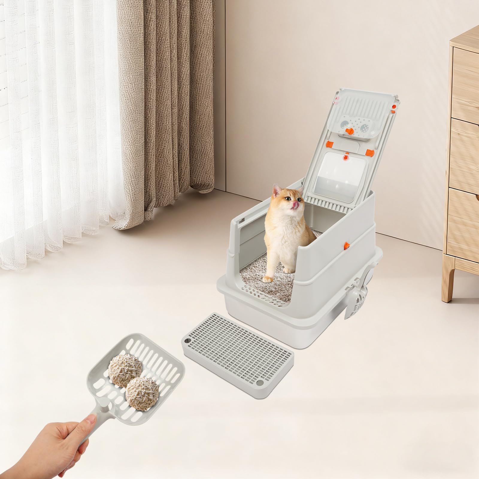 Grande lettiera chiusa per gatti in metallo, con funzione di controllo degli odori, con spatola e coperchio, per gatti di grandi dimensioni e per la casa multipla (grigio chiaro)