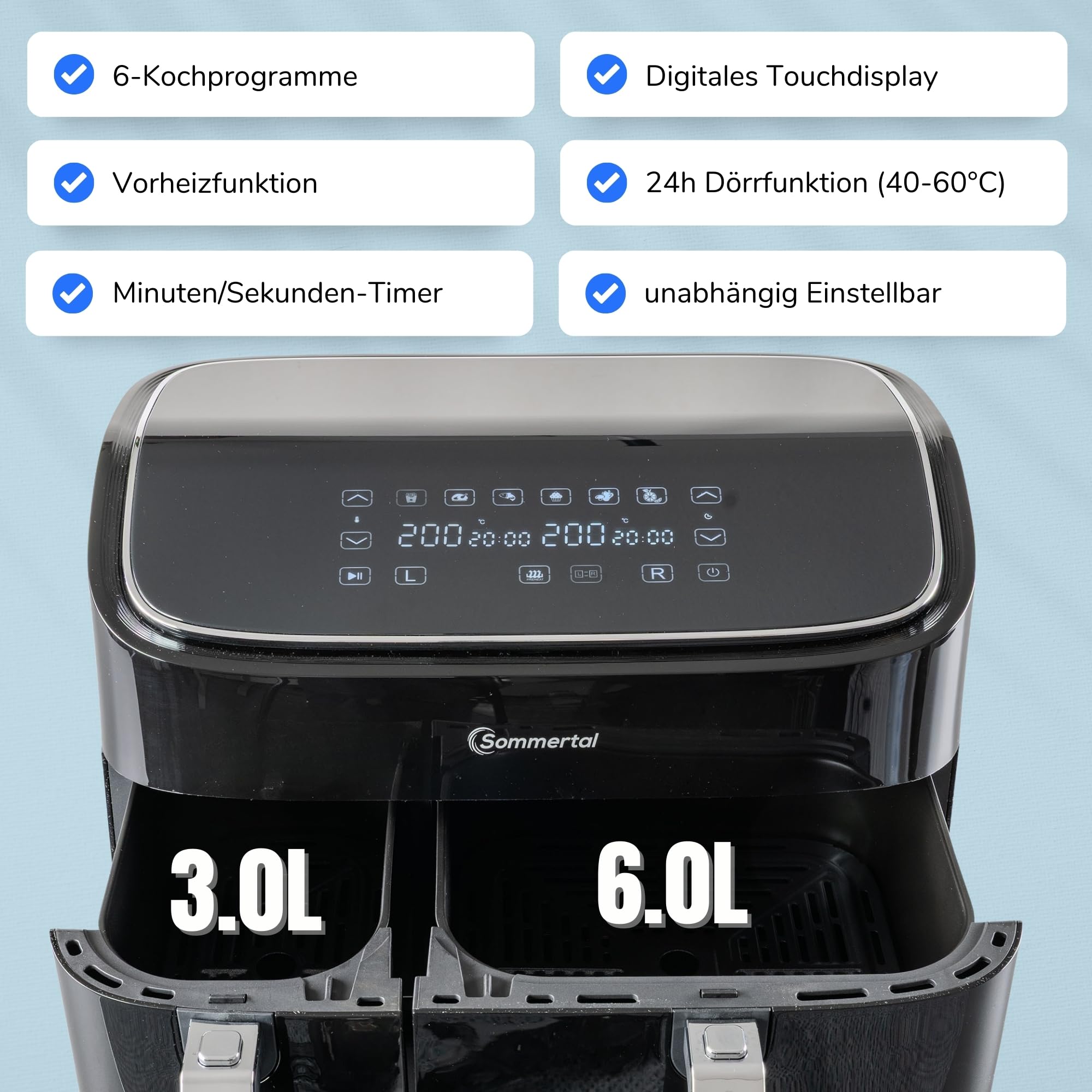 Sommertal HF DUAL 900, Heißluftfritteuse Doppelkammer 9 Liter, Airfryer mit 2 Körben, 2850 Watt, mit Dörrfunktion, Synchronisation, Touch-Display, 6 Programme, spülmaschinenfest, BPA-frei