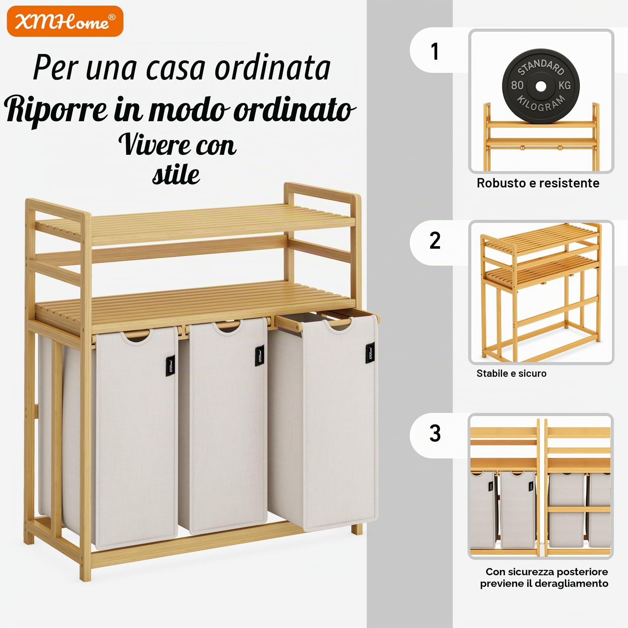 Cesto portabiancheria rettangolare in bambù a 3 scomparti, 148 l, a 2 livelli, con sacchetto portabiancheria rimovibile, per bagno, camera da letto e lavanderia, 77,5 x 41,3 x 100,5 cm, grigio