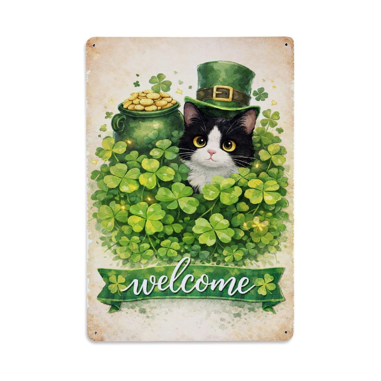 Jdfenggu Vintage St Patricks Day Cat Welcome Retro Metal Tin Sign, Metal Poster For Bar, Home, Man Cave, Kitchen, Laundry Room Art Decor 8X12 Inch