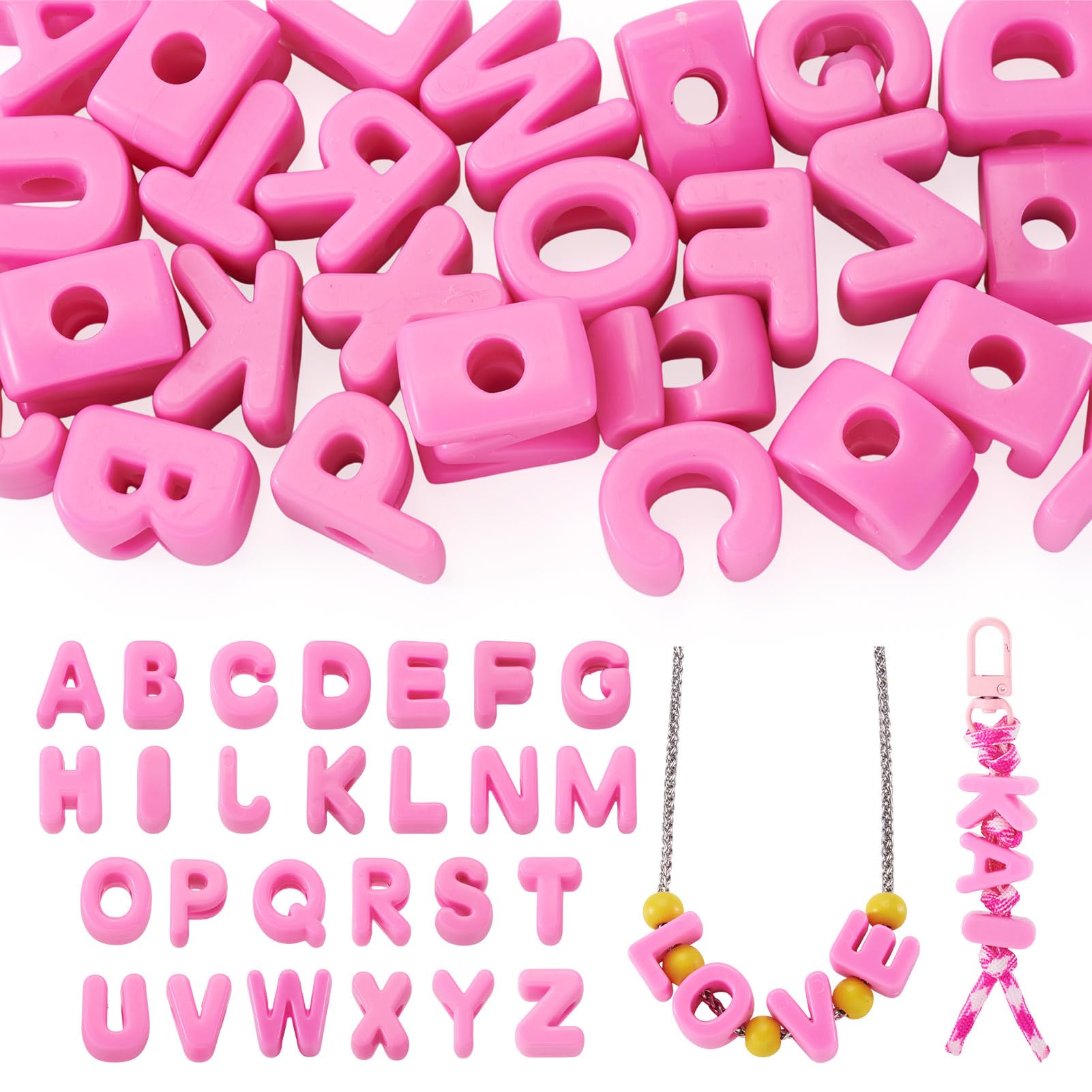 Cheriswelry 26Pcs Pink A-Z Letter Acrylic Beads Initial Letter 3D Acrylic Beads Loose Craft Bead for DIY Jewelry Bracelet Necklace Craft Projects Keychains