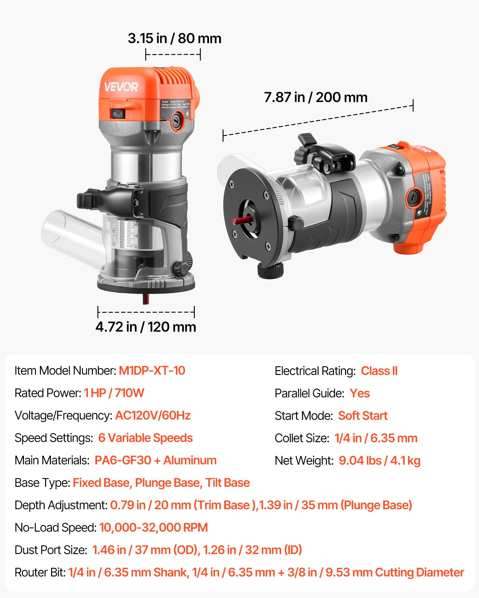 VEVOR Fresadora de Madera 1 HP 710 W, Rebajadora Eléctrica de 6 Velocidades Variables, Arranque Suave, con 3 Bases y Guía Paralela, Fresadora de Cantos para Carpintería, Bricolaje, con Cable
