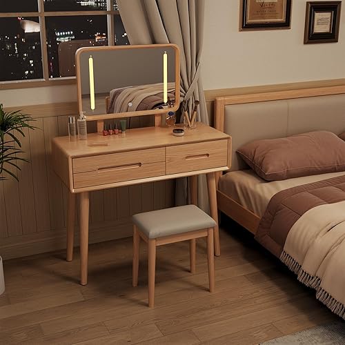 Miniatura 11 de KungFuWood - Escritorio de Tocador de Madera Maciza con Espejo y Luces, Altura Ajustable y 3 Modos de Iluminación, Tocador de Maquillaje con 3