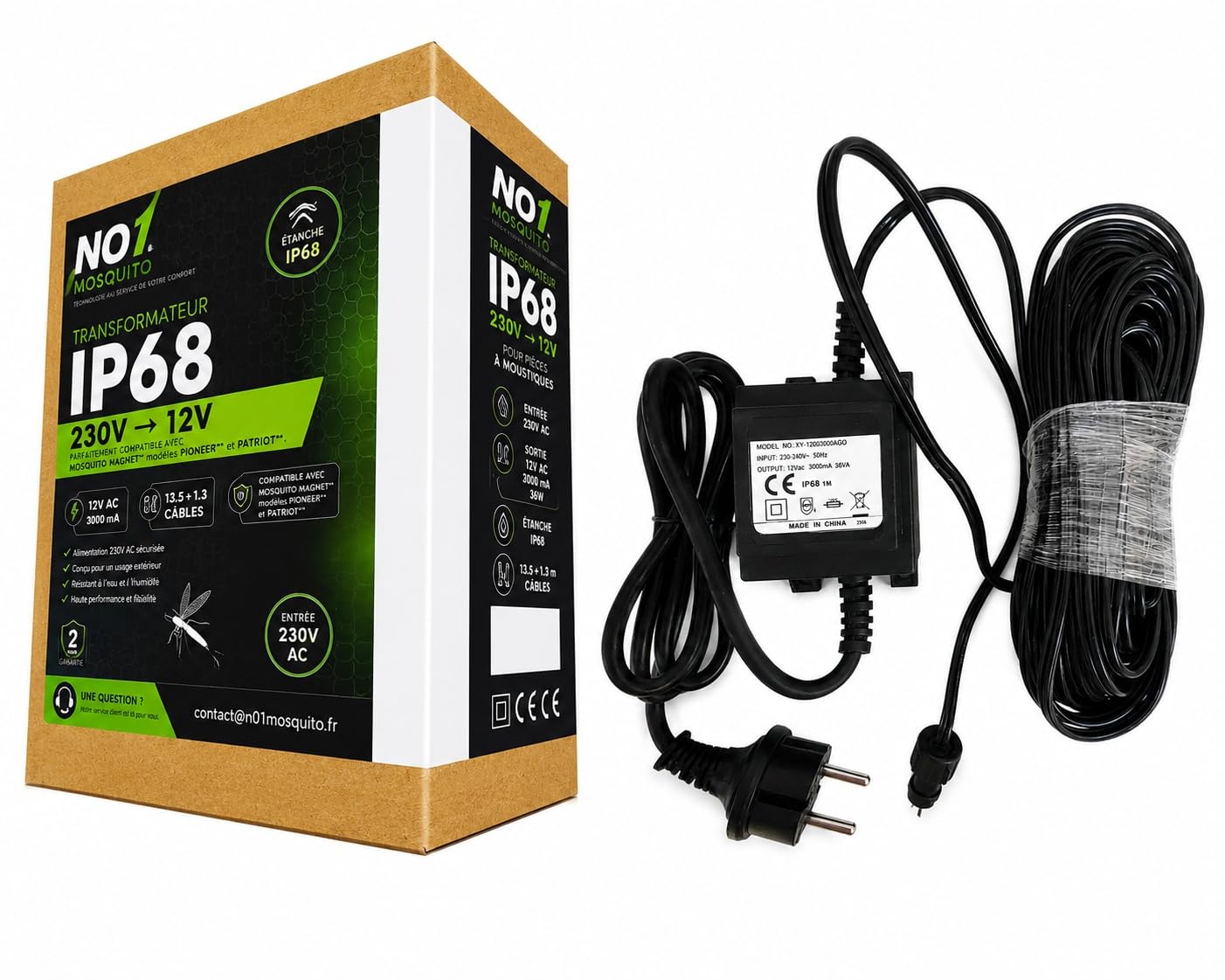 Alimentation 12V Compatible avec Mosquito Magnet®* Pioneer* et Patriot* – Étanche – Câble 13,5 m + 1,3 m – Bloc d'alimentation Renforcé pour Piège à Moustiques
