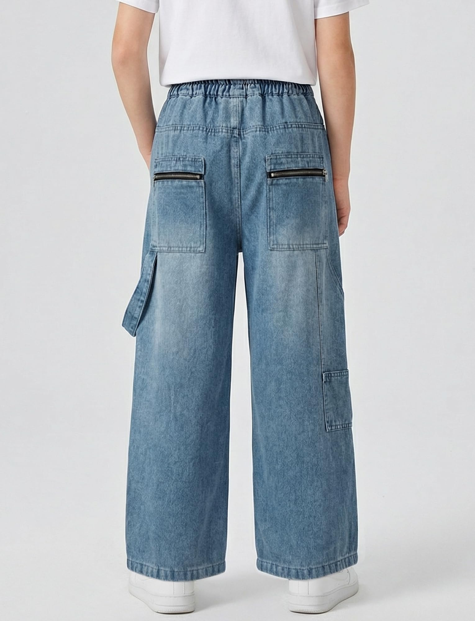 SEAUR Pantalones de mezclilla holgados de pierna ancha para niños, cintura elástica, pantalones de mezclilla para niños, pantalones cargo vintage Y2K, algodón, 6-15 años