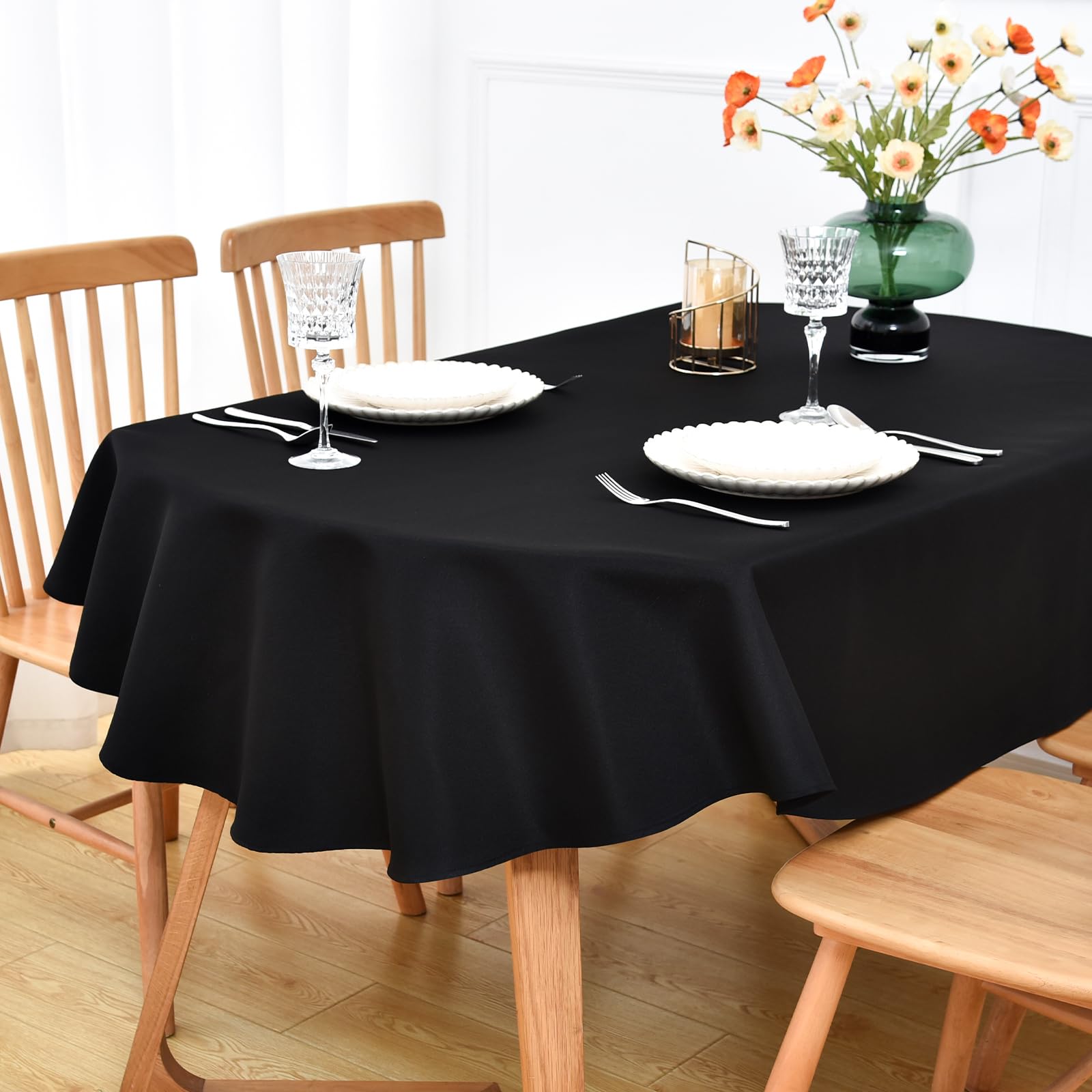 Photo 1 of NEWISHER Black Oval Tablecloth 60x102 inch, Heavy Duty Polyester Fabric Table Cloth, Reusable Washable Solid Table Cover for Dining, Kitchen, Party, Wedding, Indoor Outdoor Tabletop Decoration