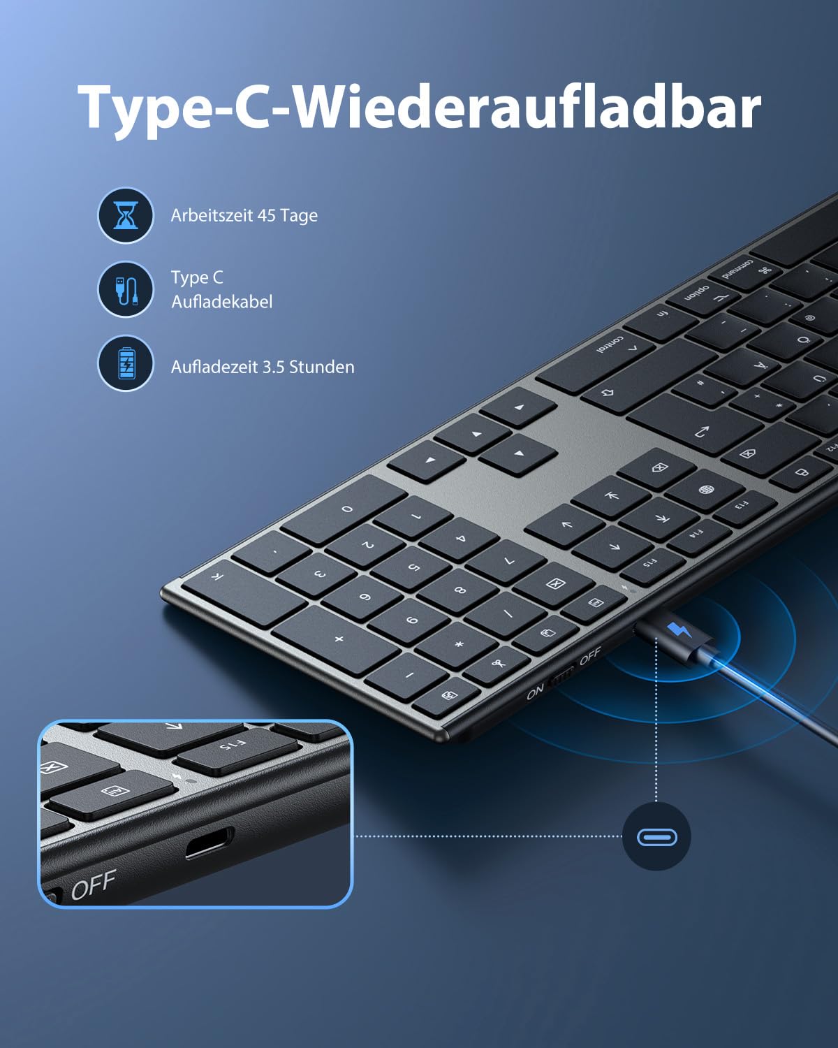 OMOTON Aluminium Bluetooth Tastatur, Kabellose QWERTZ-Tastatur mit Metallgehäuse (Kompatibel mit MacBook Air/MacBook Pro/iMac/Mac Pro), Wiederaufladbar, Ergonomisch, Leises Tippen