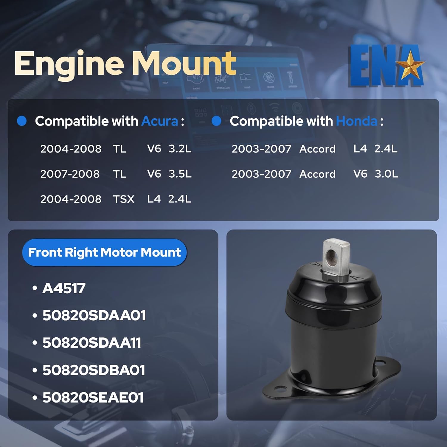 ENA Front Right Engine Mount Compatible with Acura Honda TL TSX Accord Auto Trans Replacement for A4517