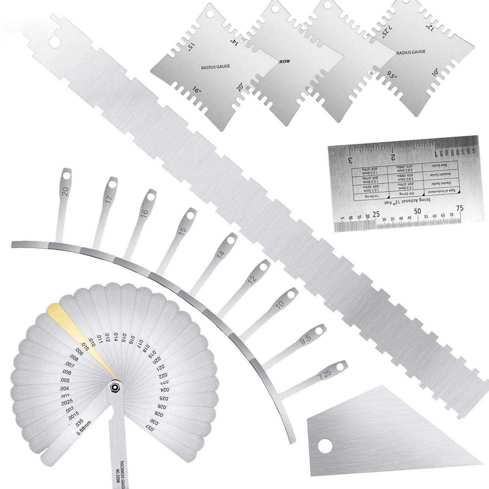 Kit Di Strumenti Di Misurazione Per Liutaio Di Chitarra Set Di Righelli Per L'azione Delle Corde Calibro Per Raggio Sottocorda Strumenti Per La Riparazione Della Chitarra Acciaio Inossidabile