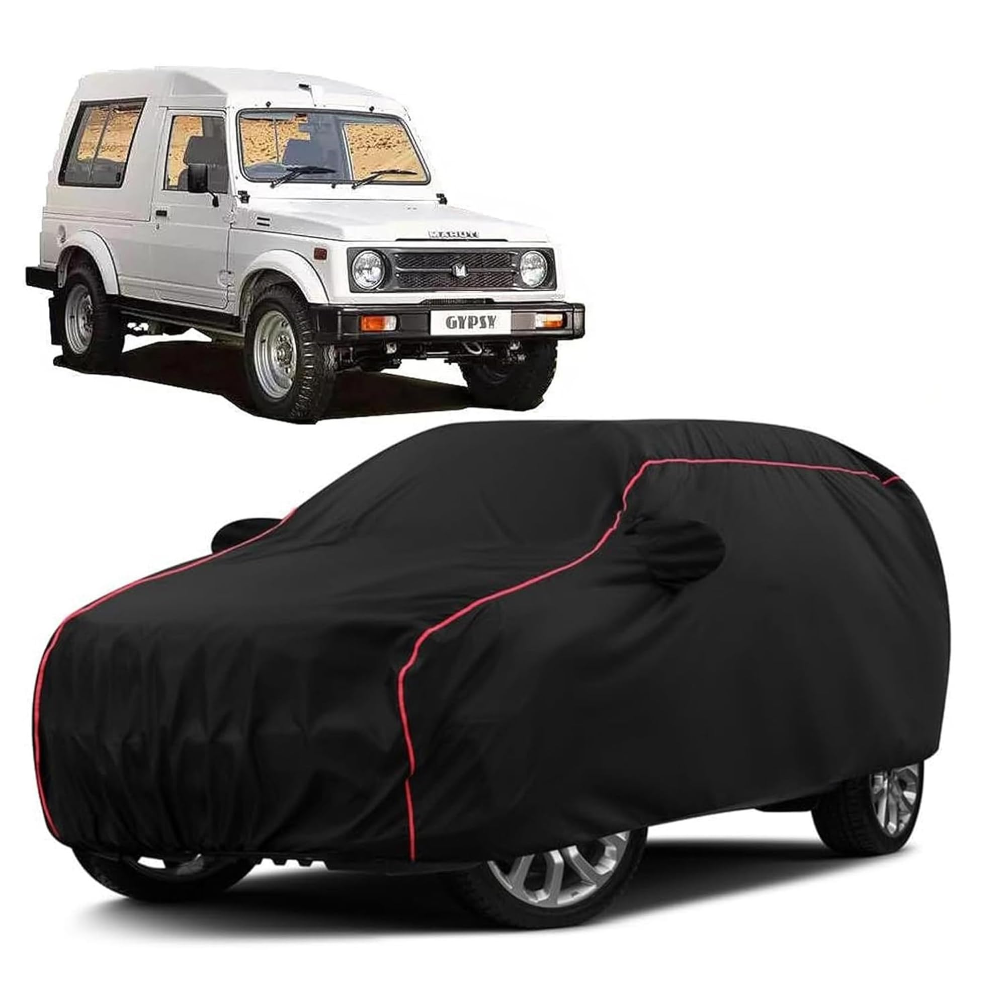 Sulfar 100% Water Resistant Car Body Cover Compatible with Mirror for Maruti Suzuki Gypsy (Triple Stitched, Full Bottom Elastic, Black with Red Piping)