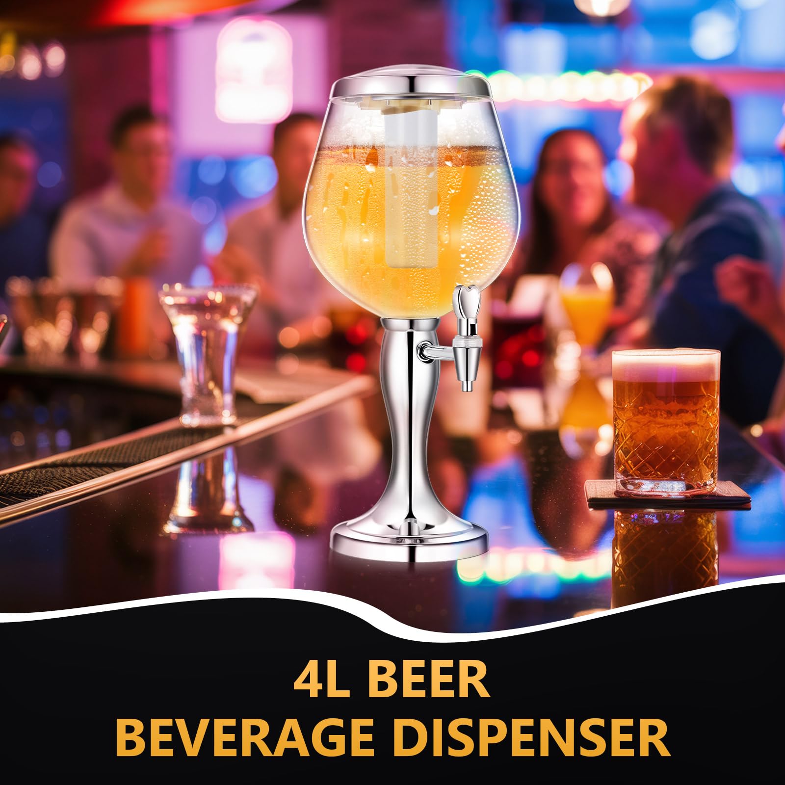 FillTouch 4 l Bier-Getränkespender für Getränke, Mimosenturm, Spender mit Eisrohr und Zapfhahn, Tisch-Bierspender, Likörspender für Margarita, Likör-Bar, Party