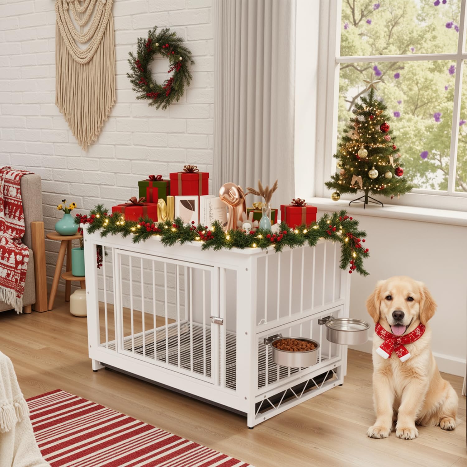 MAMIZO Gabbia per Cani Interno 93x64x58 CM, Tavolino, Armadietto, Casetta per Cani con 2 Ciotole e Porte, Kennel Cane con Vassoio Estraibile, gabbia cane Medio Piccolo, Bianco