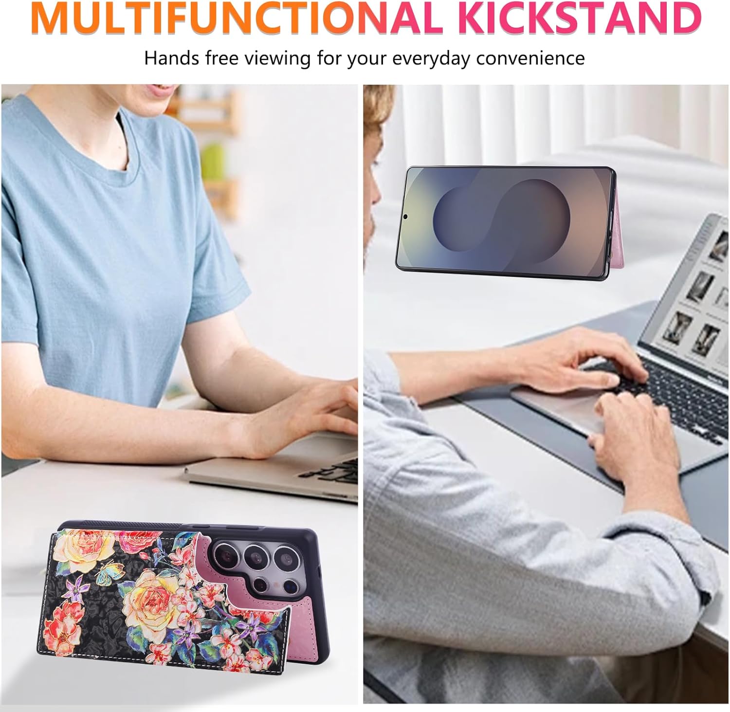 UEEBAI Wallet Case for Samsung Galaxy S25 Ultra 5G with Card Holders, PU Leather Cover Kickstand RFID Blocking Double Magnetic Clasp Rilievo Flower Flip Case for Women Girls - Black Rose - Image 2