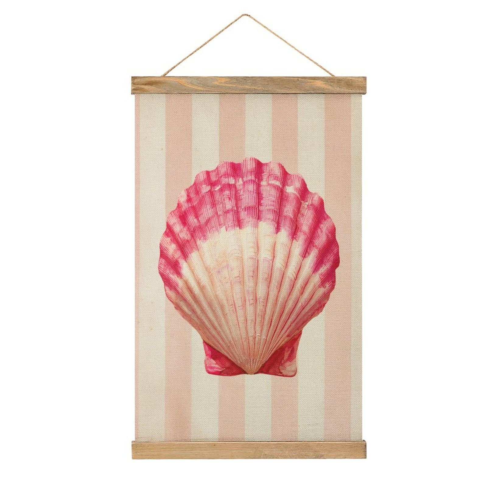 Jubonexis Watercolor Pink Scallop Shell with Stripes Minimal Canvas Painting Wood Frames Poster Hanger Hanging Picture Kit Wall Art
