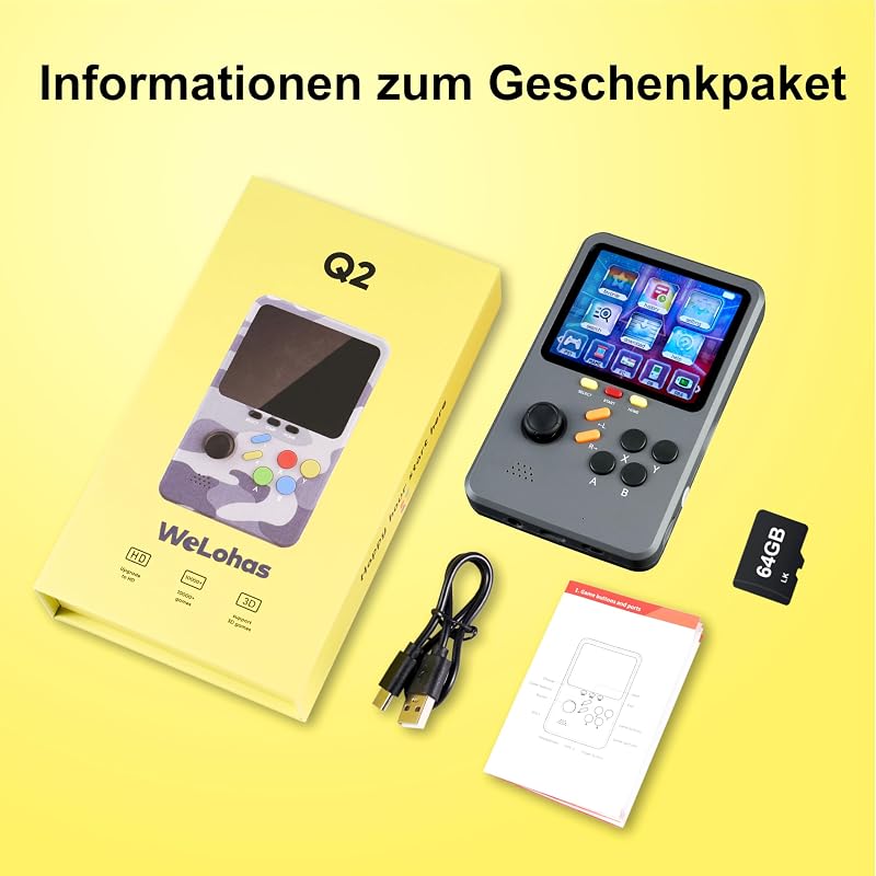 WeLohas Q2 Pro Retro Kézi Játékkonzol, 10000+ Előtelepített Játék, 64GB Memória, 3.0" HD Kijelző, 10 Klasszikus Emulátor, Hordozható Játékgé