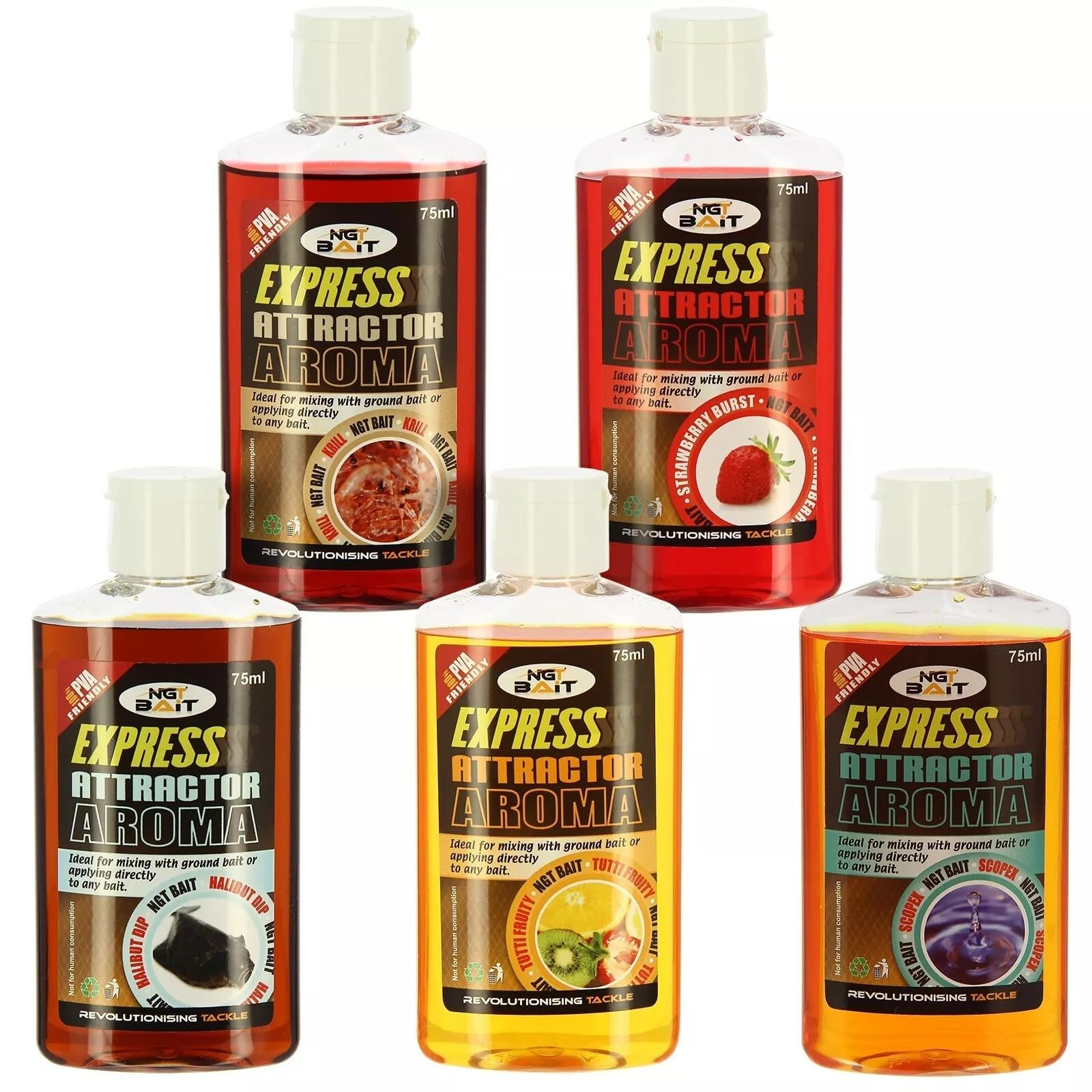 5 x 75ml Carp Fishing Glug Boilie Dip Thick PVA-Friendly Bait Enhancer for Boilies, Pellets & Hookbaits – Mixed Flavours Including Scopex, Strawberry, Tutti Frutti, Halibut & Krill