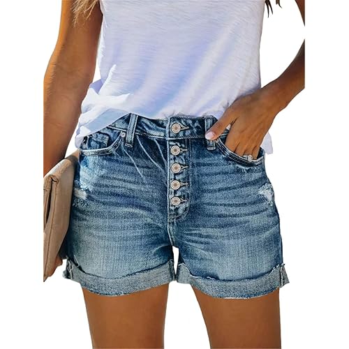 Angerella Denim Shorts for Women Mid Rise Ripped Jean Shorts Stretchy Folded Hem Hot Short Jeans