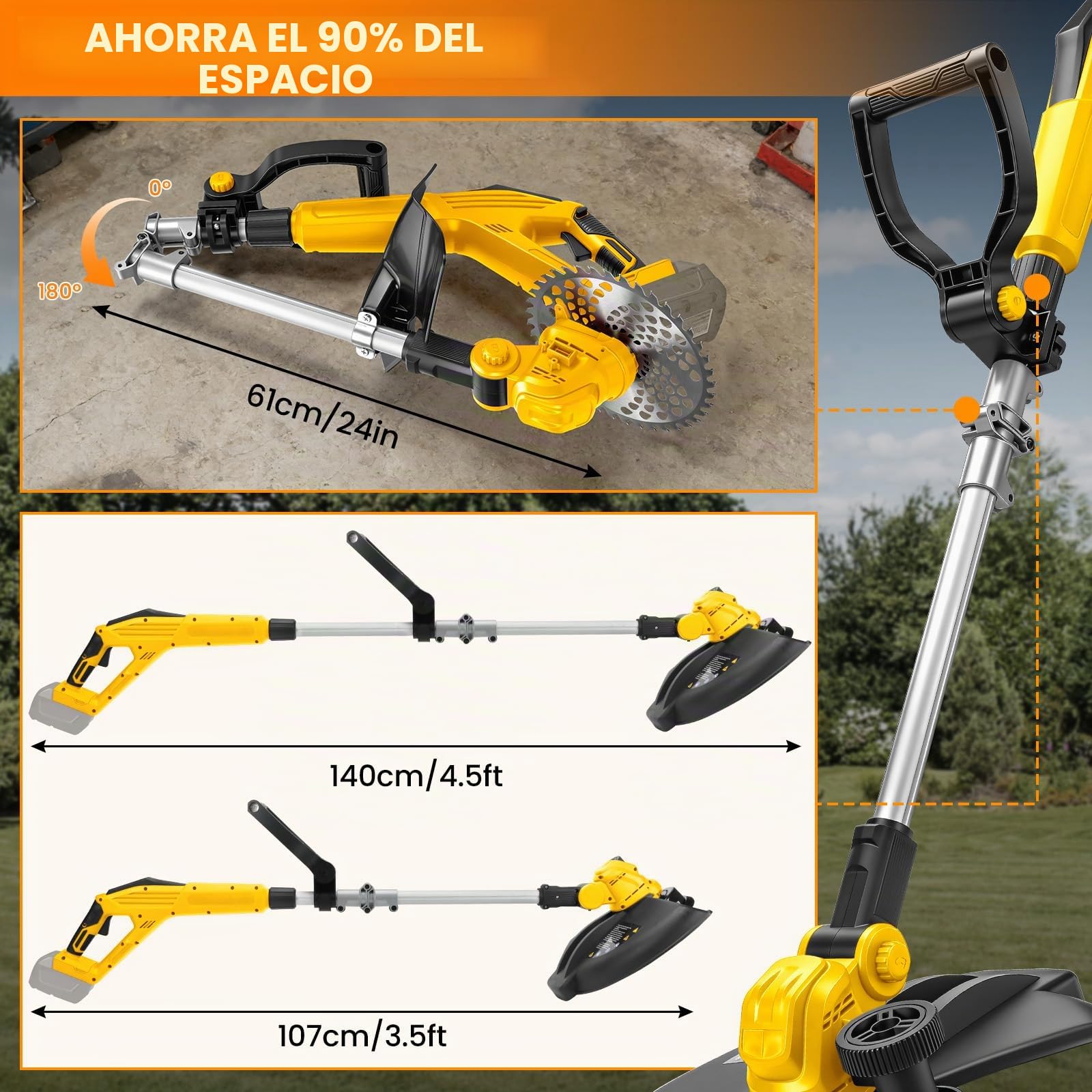 Cortacéssped con batería compatible con batería Dewalt 20V MAX, cortacésped eléctrico sin escobillas 5-en-1, ángulo de recorte plegable de 180° y 90° para cortar césped, jardín y arbustos (sin batería