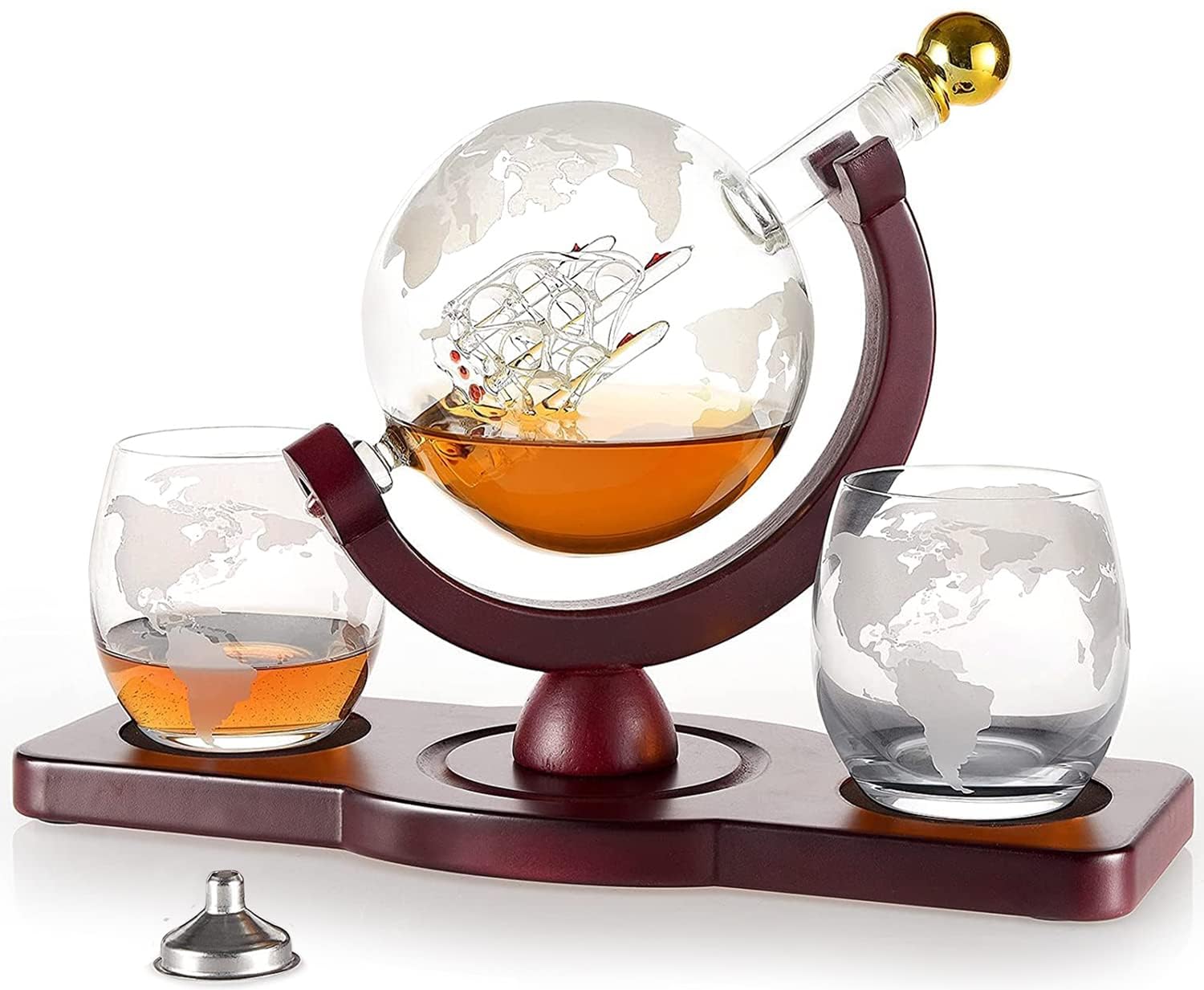 GOTHRILL World Decanter - with 2 Globe Glasses and Whiskey Stones for Whiskey or Wine with Antique Ship and Matching Globe Glasses (Mahogany Stained Wood), Home BAR Decor