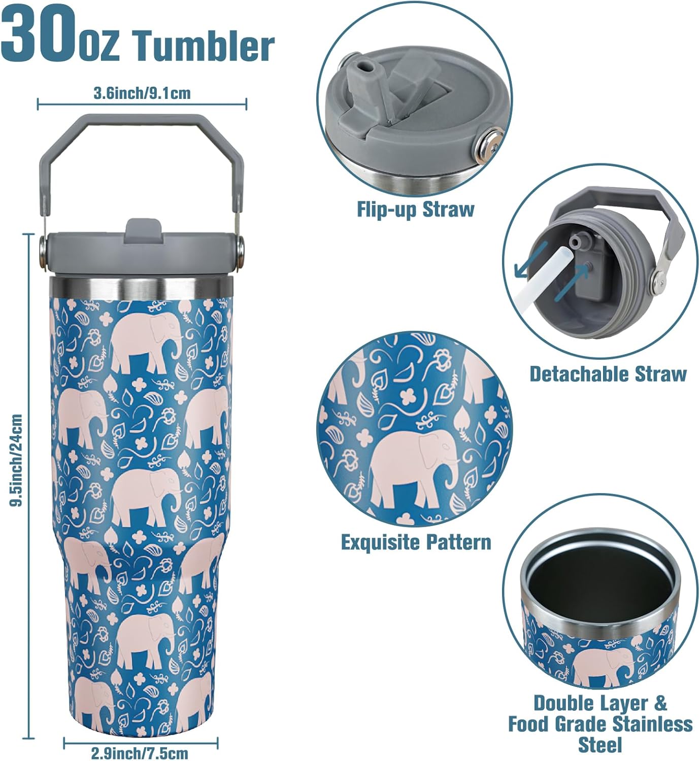 30 oz Elephant Tumbler With Handle and Straw, 30oz Flip Straw Tumbler Insulated Coffee Travel Mugs Cup Water Bottle Gifts for Elephant Lovers Women Girls - Image 3
