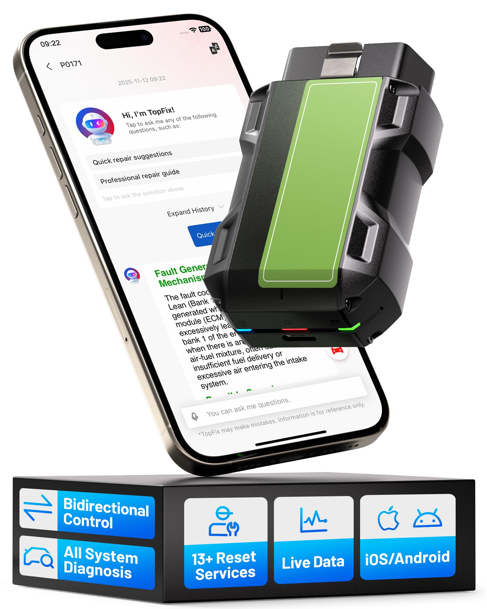 TOPDON TopScan Pro OBD2 Scanner Bluetooth, test attivi e strumento di scansione completo del sistema per iOS/Android, 13+ reset, TopFix AI Assistant, versione migliorata di TopScan Lite (verde)