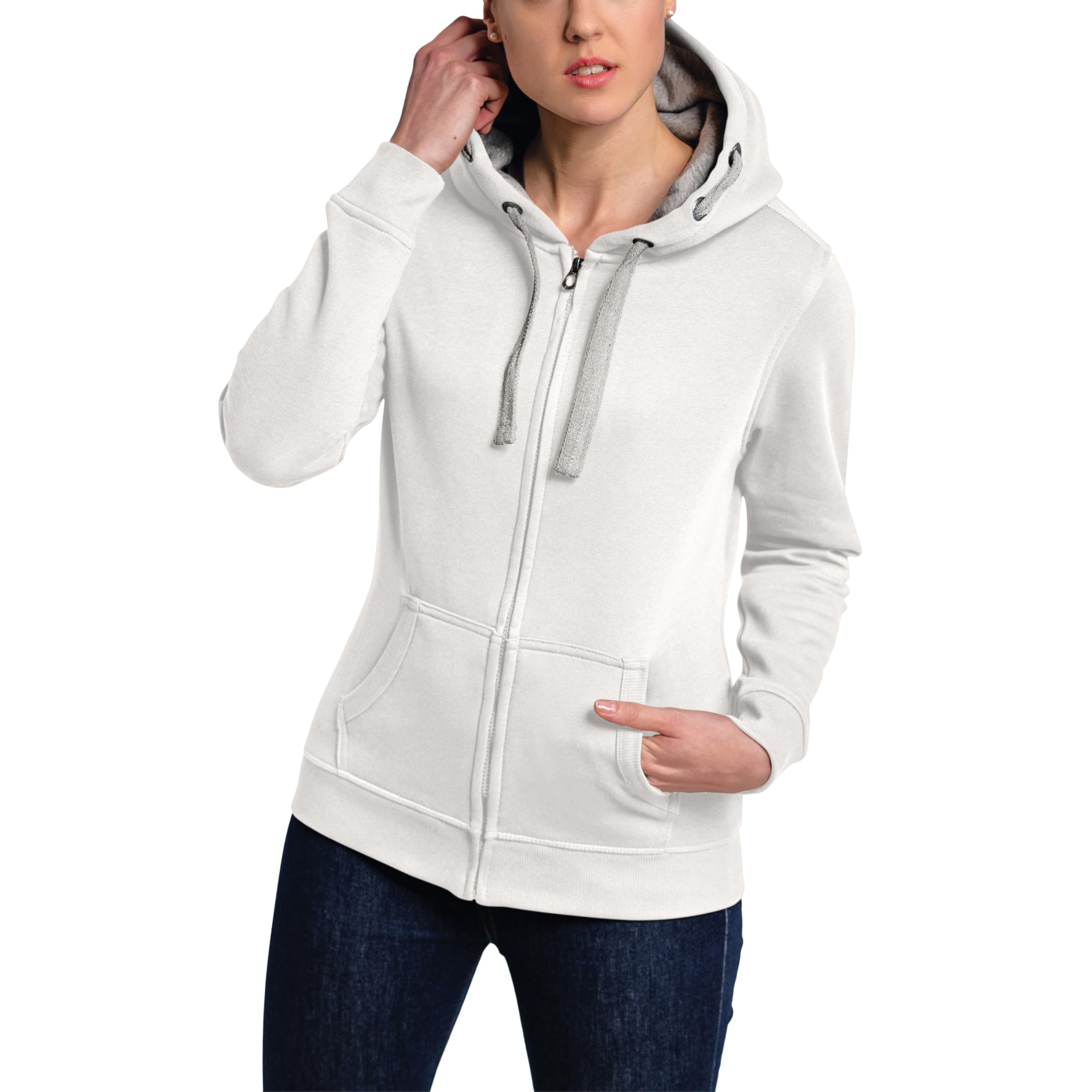 HRM Damska kurtka z kapturem I Premium bluza z kapturem z kontrastową wyściółką I Basic Hoodie z zamkiem błyskawicznym I Zip Hoodie I Wysokiej jakości i zrównoważone damskie topy, białawy, M
