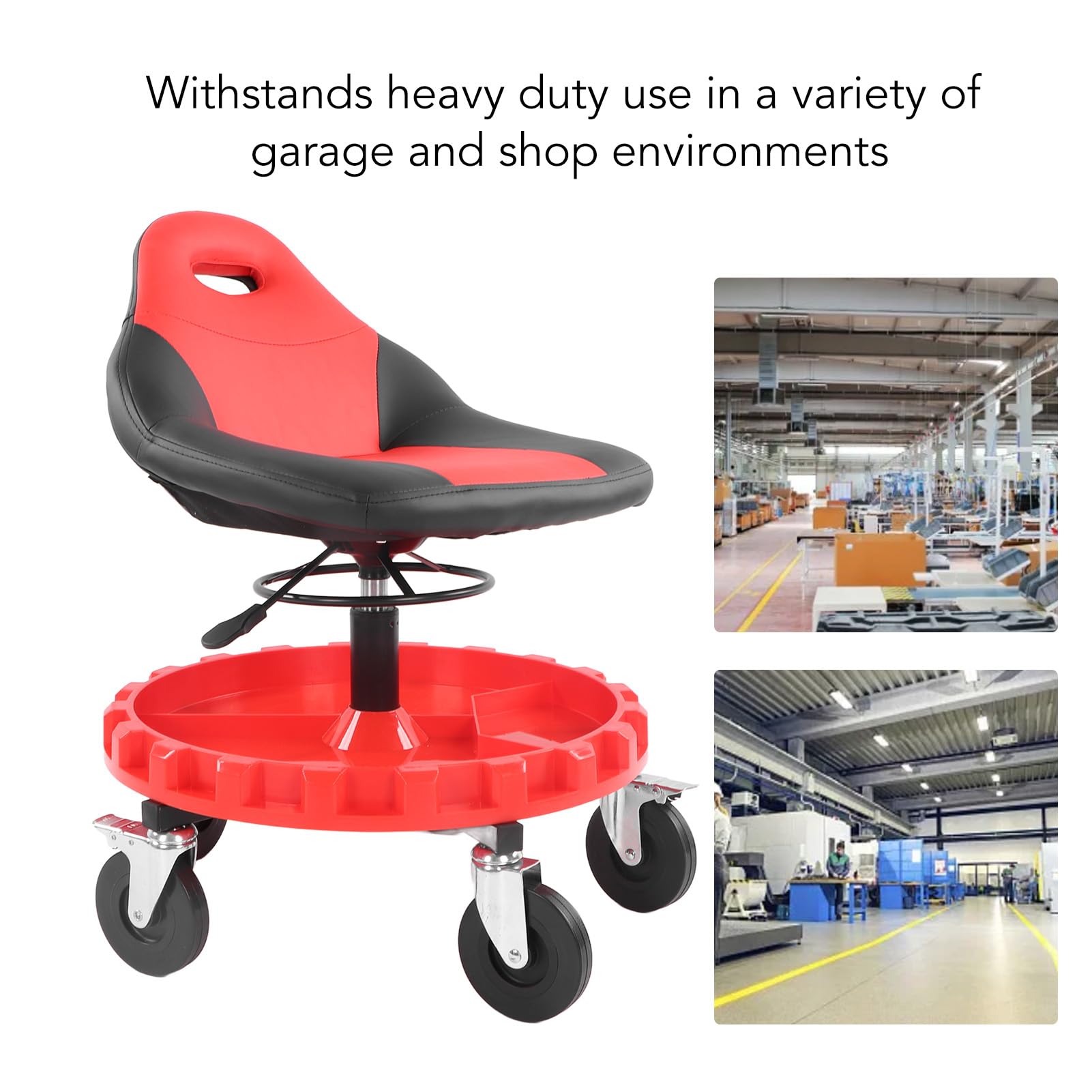 Cocoarm Asiento Móvil para Taller con Ruedas, Altura Ajustable 53-66 cm, Bandeja de Almacenamiento, Capacidad 136 kg, Rojo y Negro