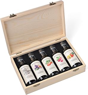 Blazing Bella Flavored Balsamic Vinegar Gift Set in Wood Box - Sampler of Five Remarkable Balsamic Vinegars for salads, cooking, and desserts
